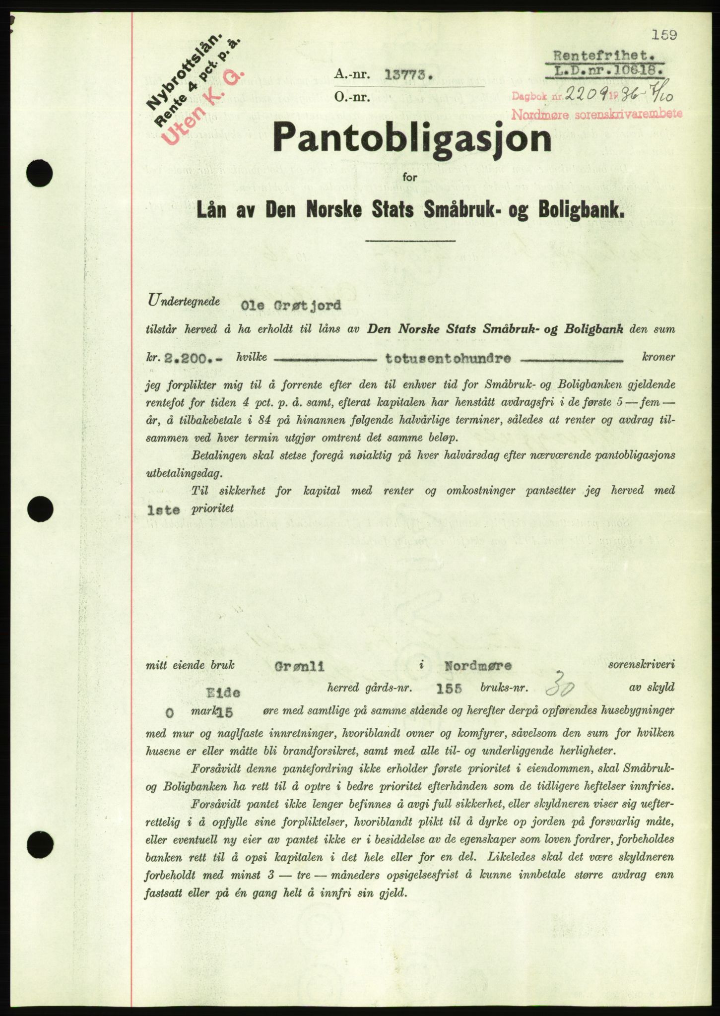 Nordmøre sorenskriveri, AV/SAT-A-4132/1/2/2Ca/L0090: Mortgage book no. B80, 1936-1937, Diary no: : 2209/1936