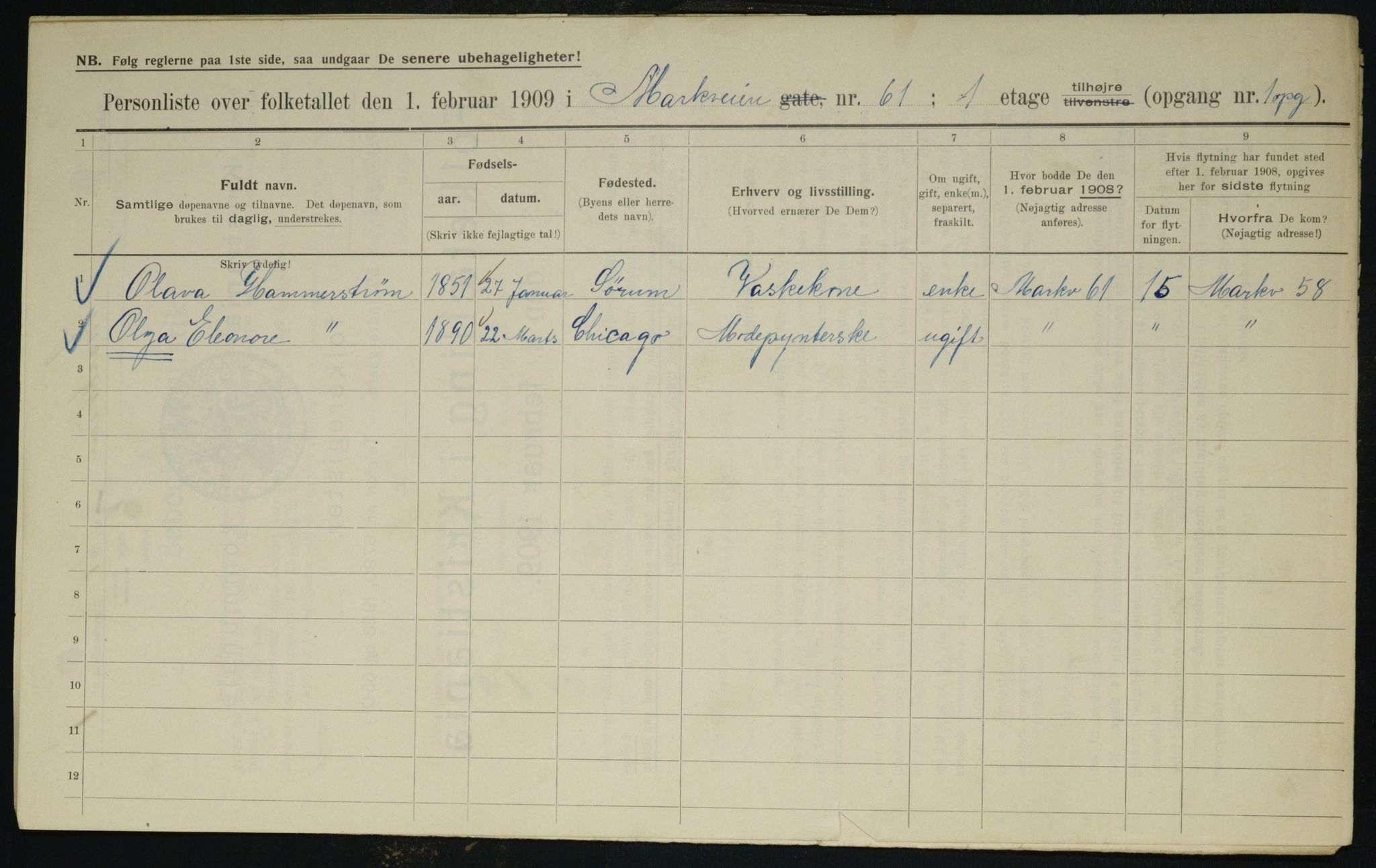 OBA, Municipal Census 1909 for Kristiania, 1909, p. 58456