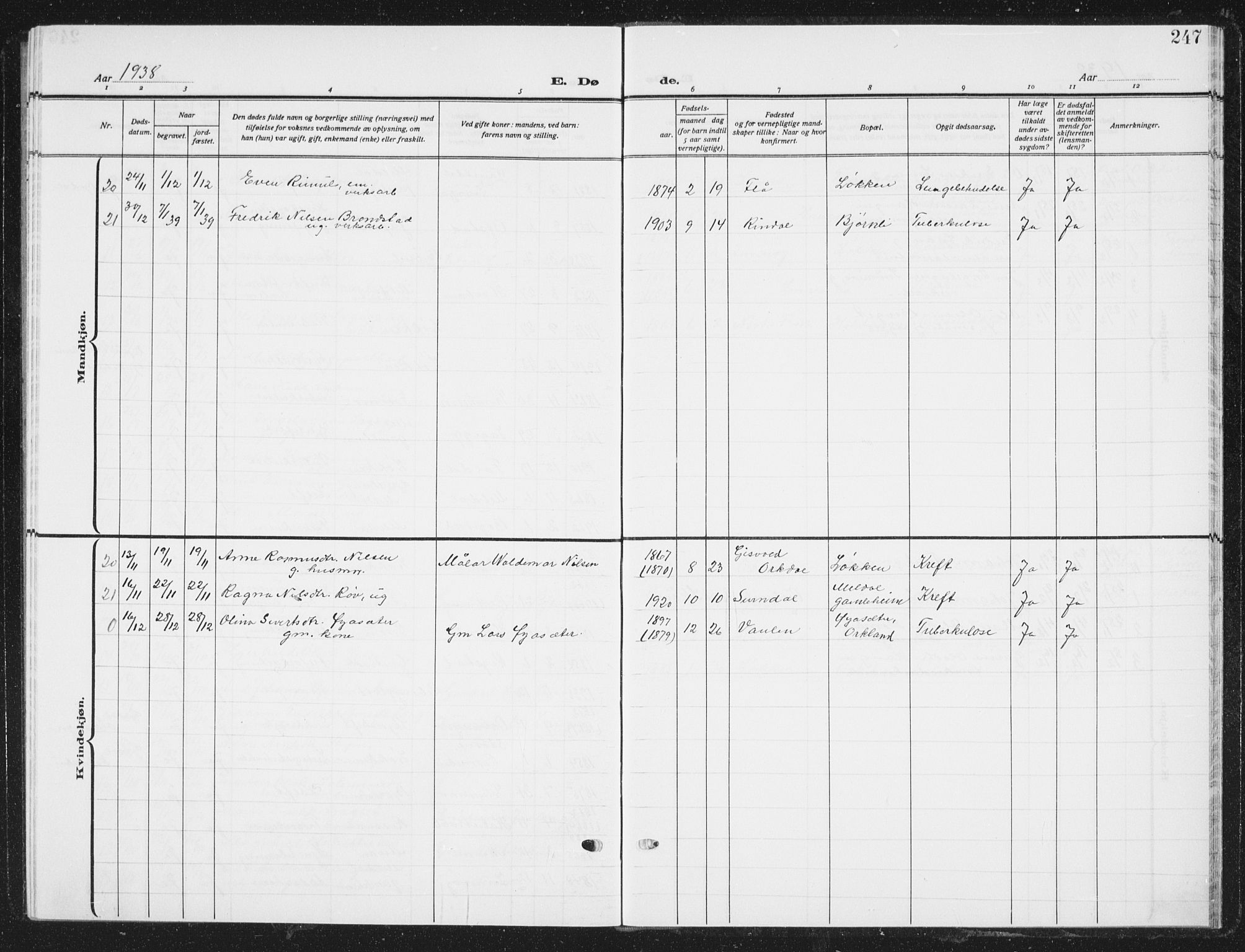 Ministerialprotokoller, klokkerbøker og fødselsregistre - Sør-Trøndelag, SAT/A-1456/672/L0866: Parish register (copy) no. 672C05, 1929-1939, p. 247