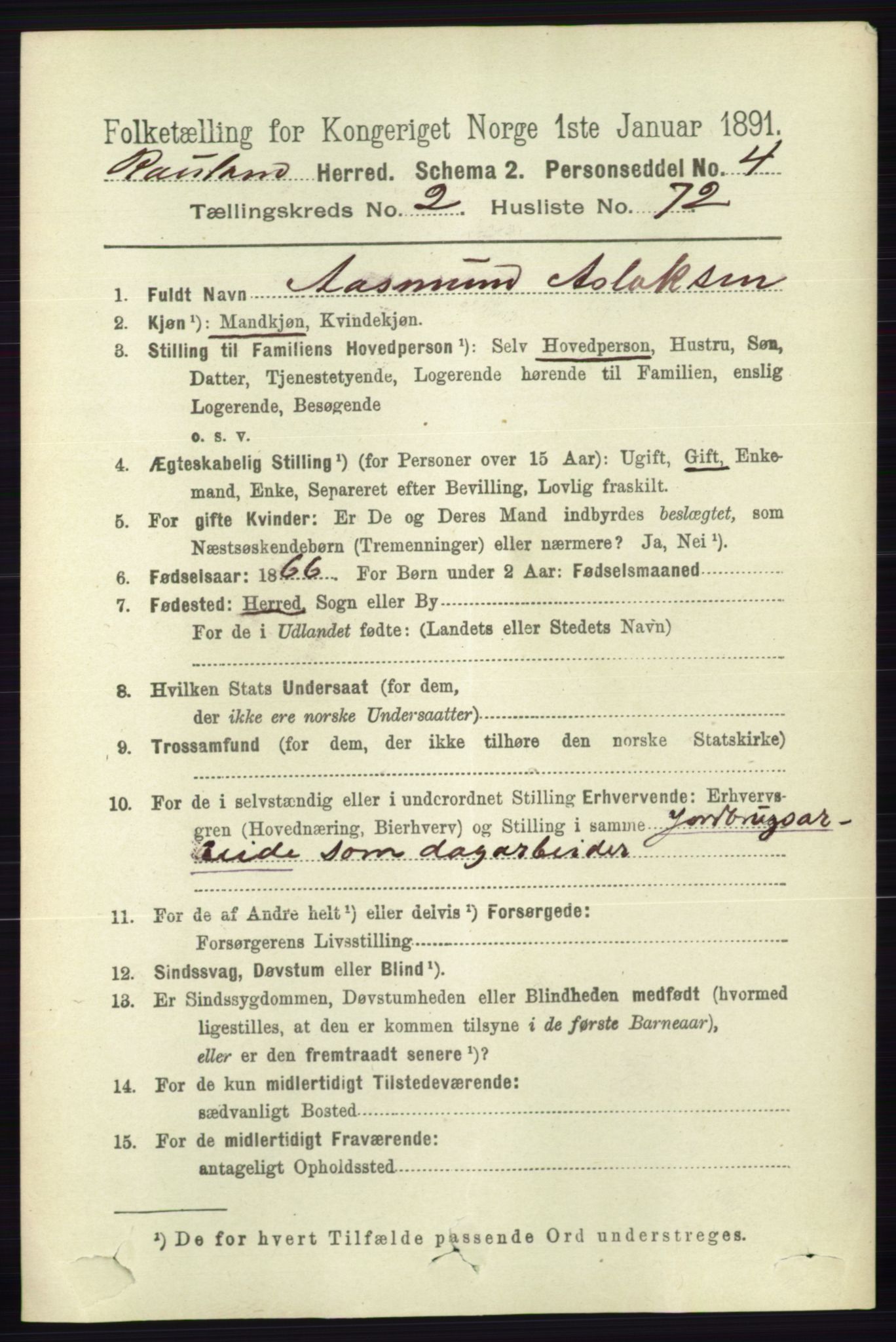 RA, 1891 census for 0835 Rauland, 1891, p. 733