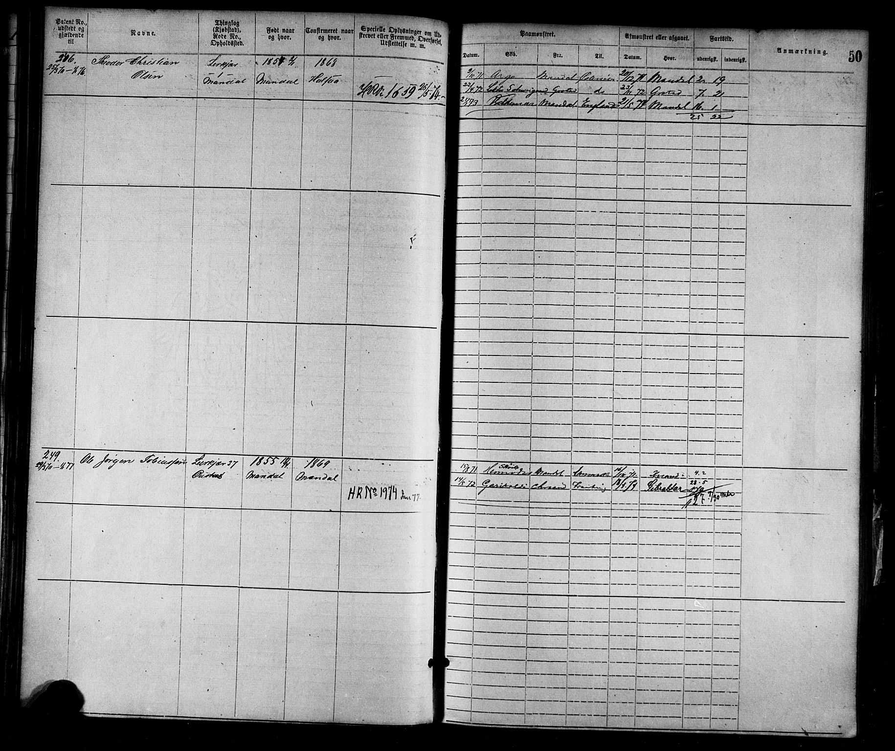 Mandal mønstringskrets, SAK/2031-0016/F/Fa/L0001: Annotasjonsrulle nr 1-1920 med register, L-3, 1869-1881, p. 78