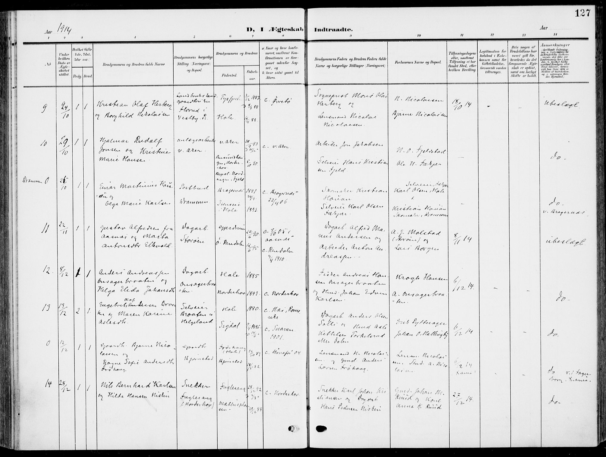 Hole kirkebøker, AV/SAKO-A-228/F/Fa/L0010: Parish register (official) no. I 10, 1907-1917, p. 127