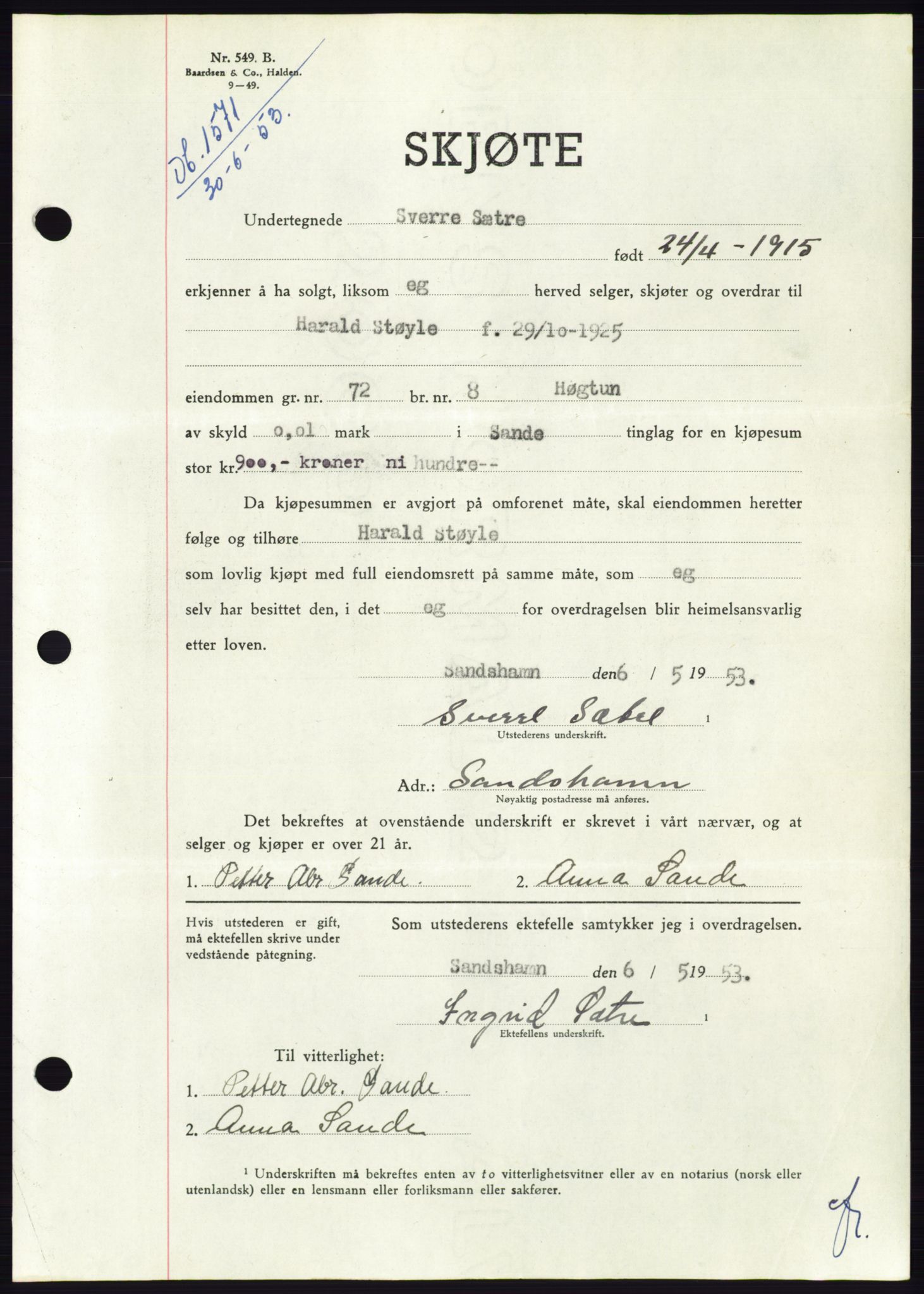 Søre Sunnmøre sorenskriveri, AV/SAT-A-4122/1/2/2C/L0095: Mortgage book no. 21A, 1953-1953, Diary no: : 1571/1953
