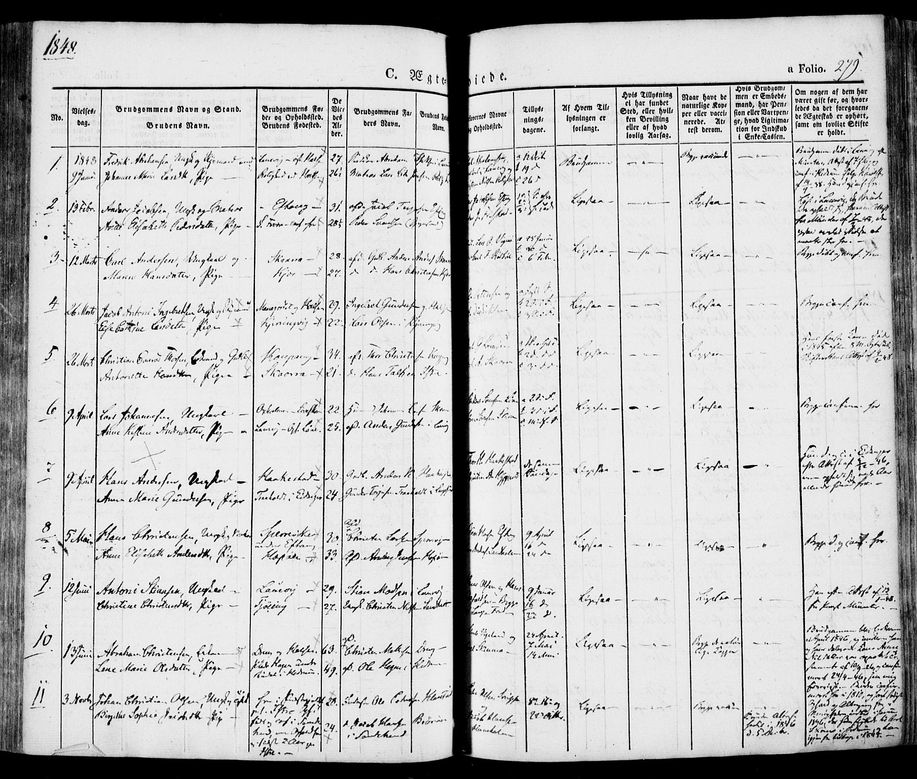 Tjølling kirkebøker, SAKO/A-60/F/Fa/L0006: Parish register (official) no. 6, 1835-1859, p. 279