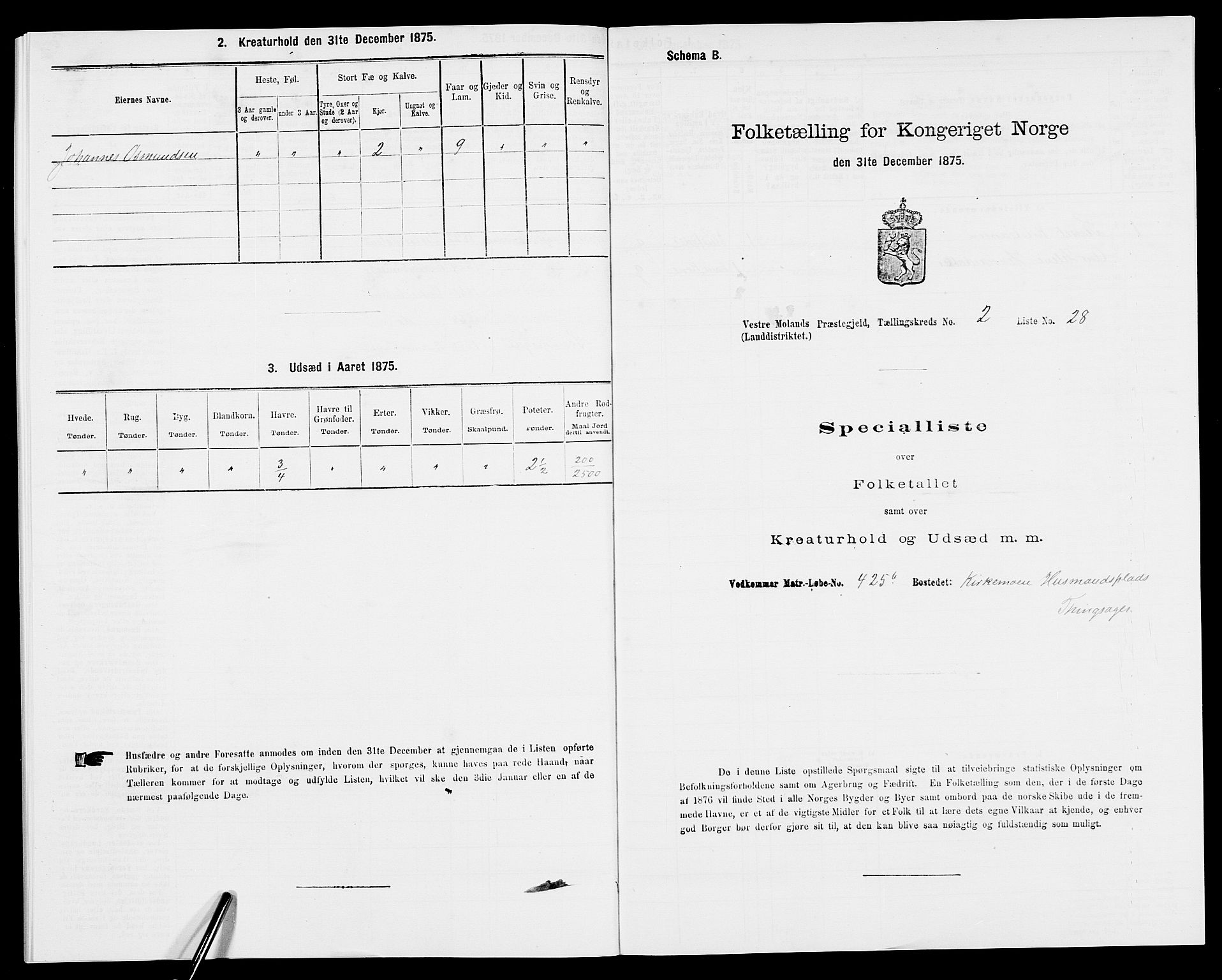 SAK, 1875 census for 0926L Vestre Moland/Vestre Moland, 1875, p. 227