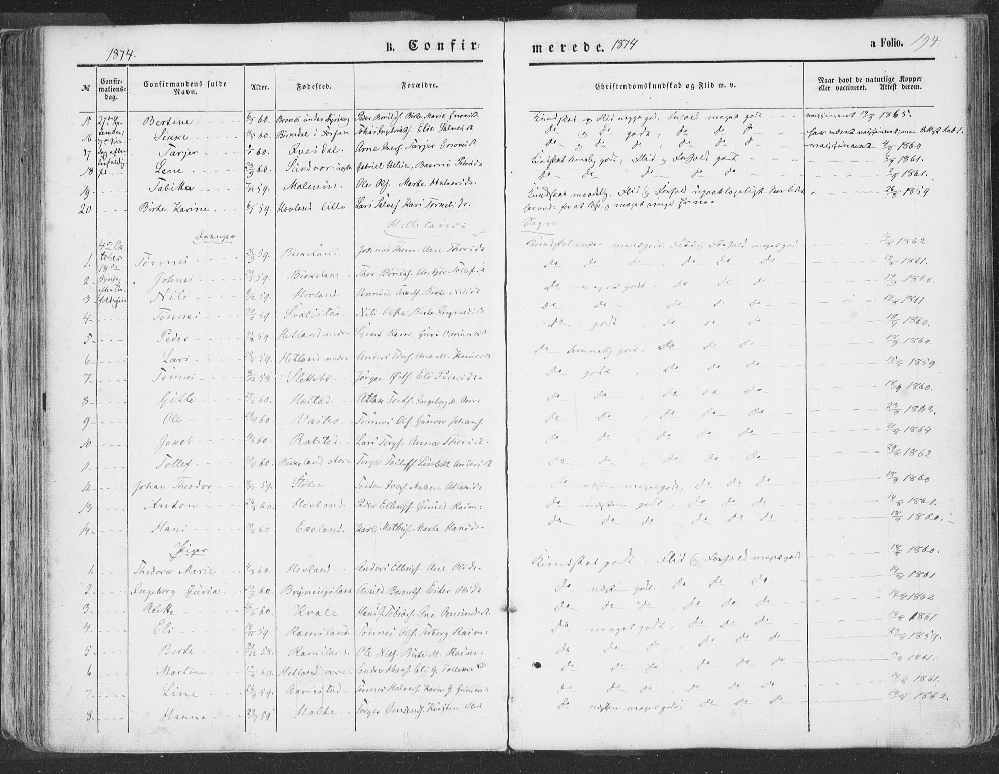 Helleland sokneprestkontor, AV/SAST-A-101810: Parish register (official) no. A 7.1, 1863-1886, p. 194