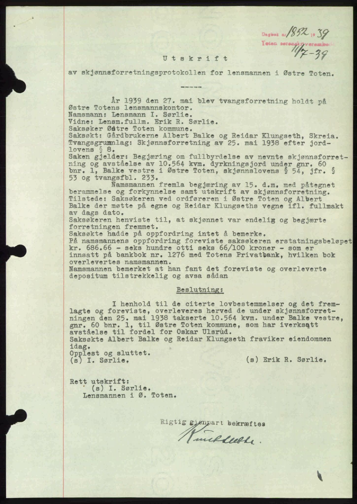 Toten tingrett, SAH/TING-006/H/Hb/Hbc/L0006: Mortgage book no. Hbc-06, 1939-1939, Diary no: : 1852/1939