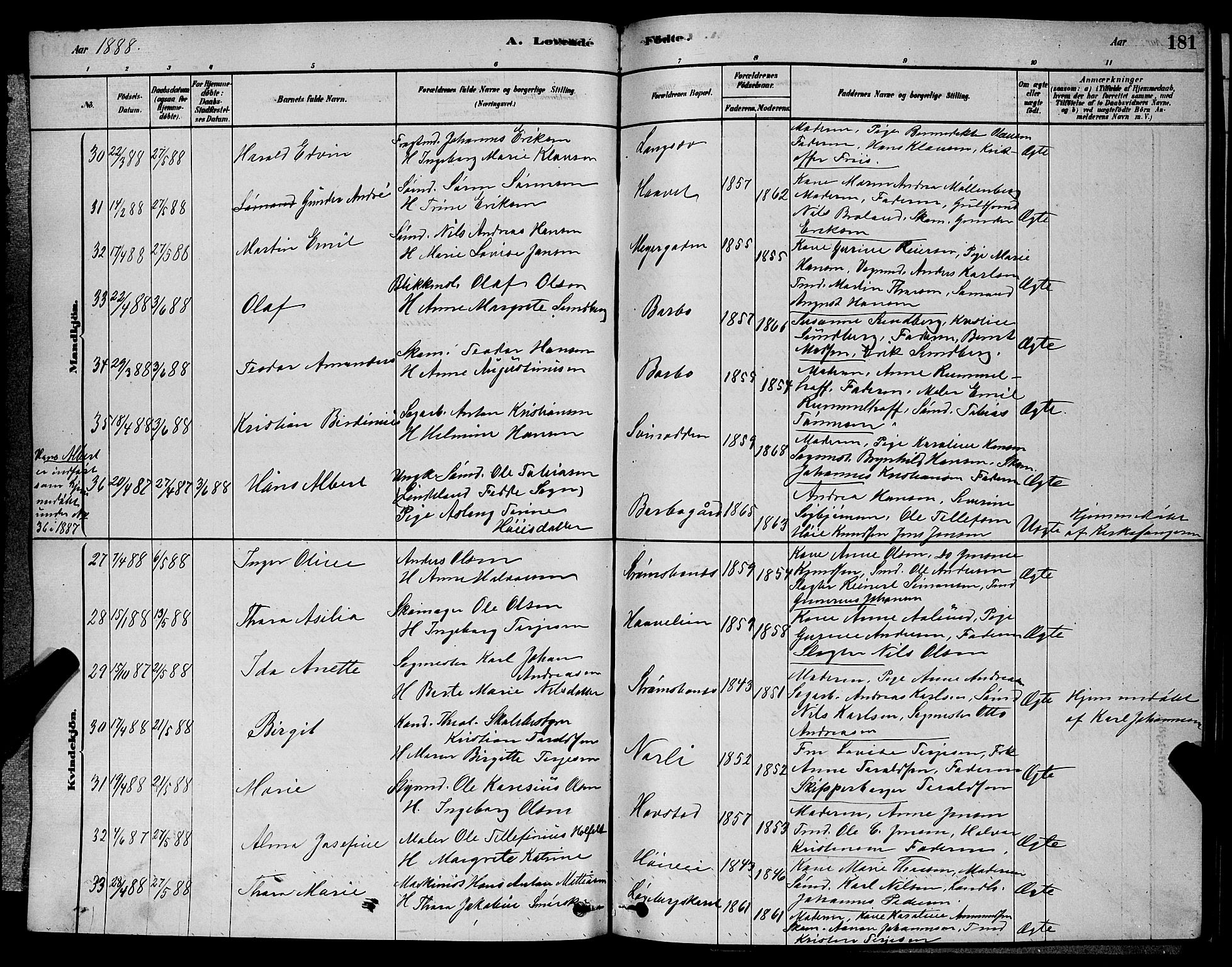 Barbu sokneprestkontor, AV/SAK-1111-0003/F/Fb/L0001: Parish register (copy) no. B 1, 1878-1890, p. 181