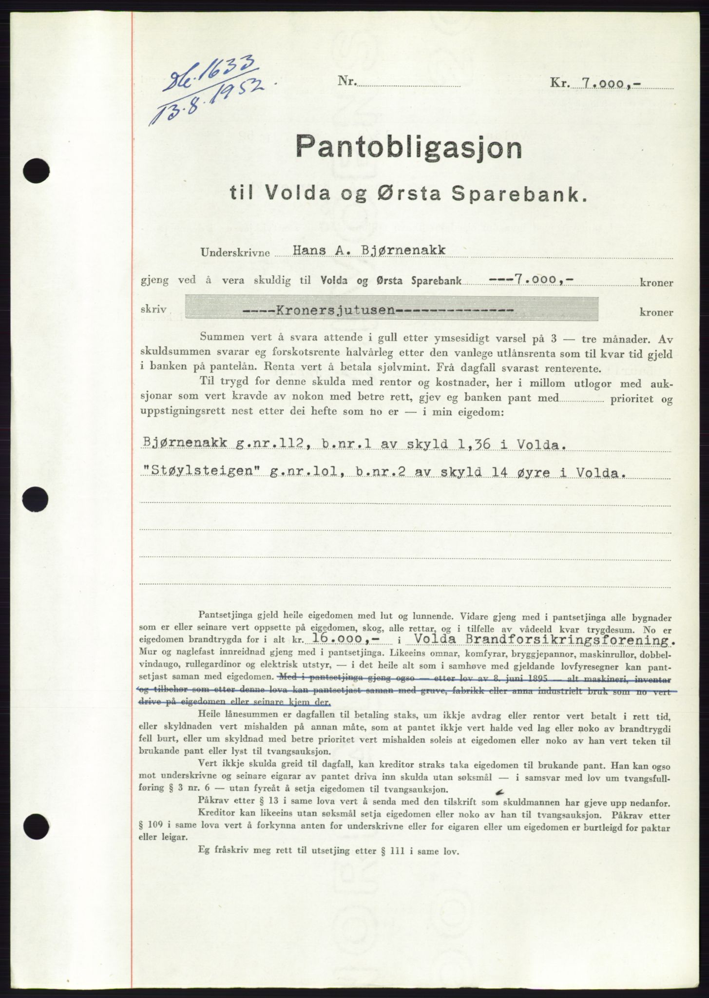 Søre Sunnmøre sorenskriveri, AV/SAT-A-4122/1/2/2C/L0121: Mortgage book no. 9B, 1951-1952, Diary no: : 1633/1952