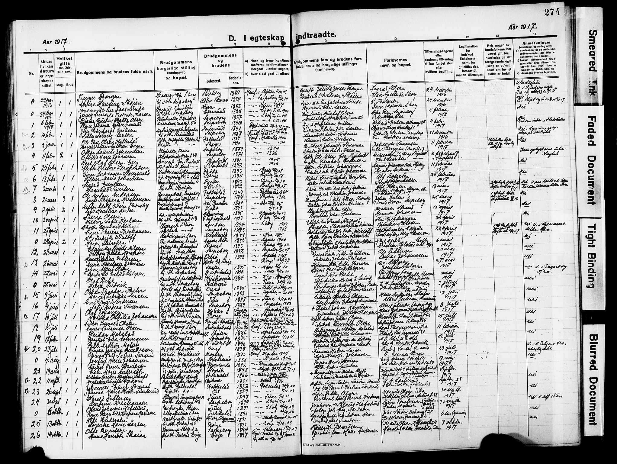 Sarpsborg prestekontor Kirkebøker, SAO/A-2006/G/Ga/L0002: Parish register (copy) no. 2, 1912-1931, p. 274