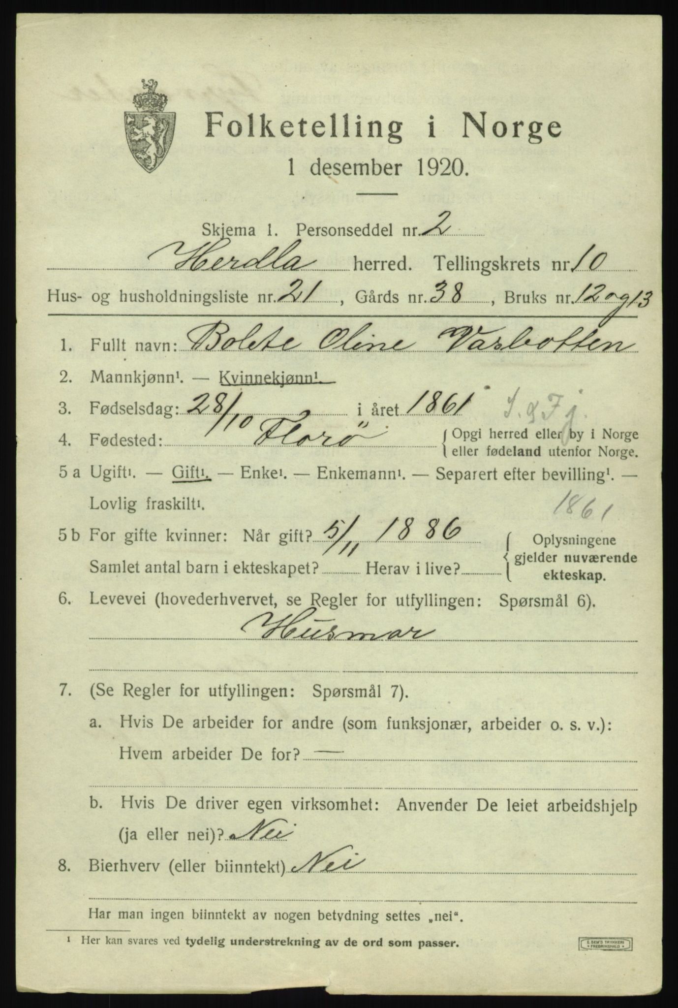 SAB, 1920 census for Herdla, 1920, p. 7525