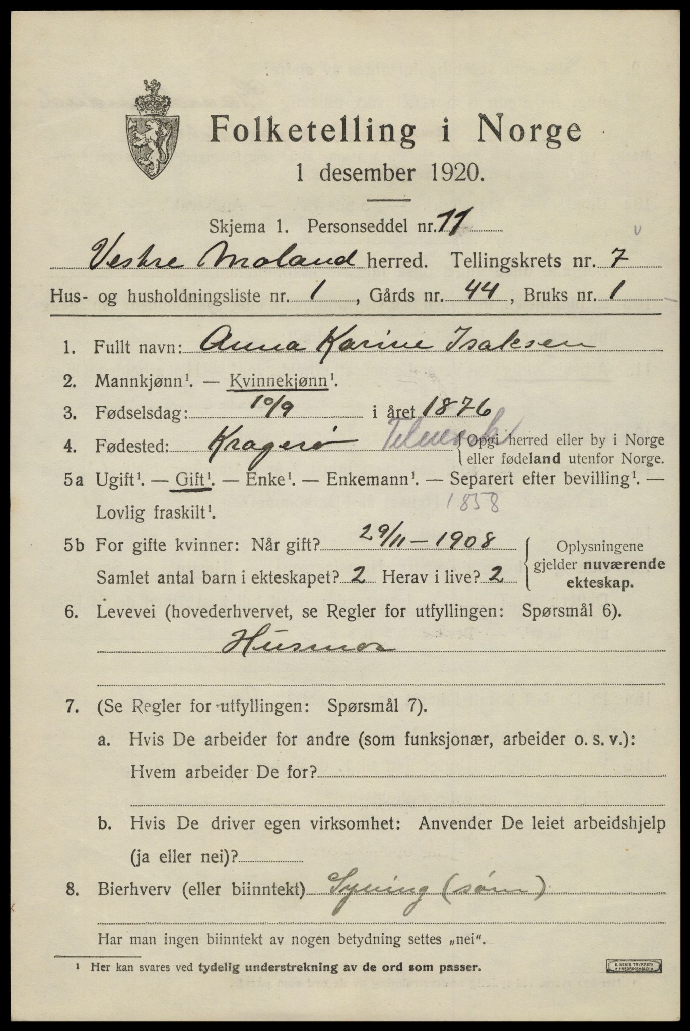 SAK, 1920 census for Vestre Moland, 1920, p. 4789