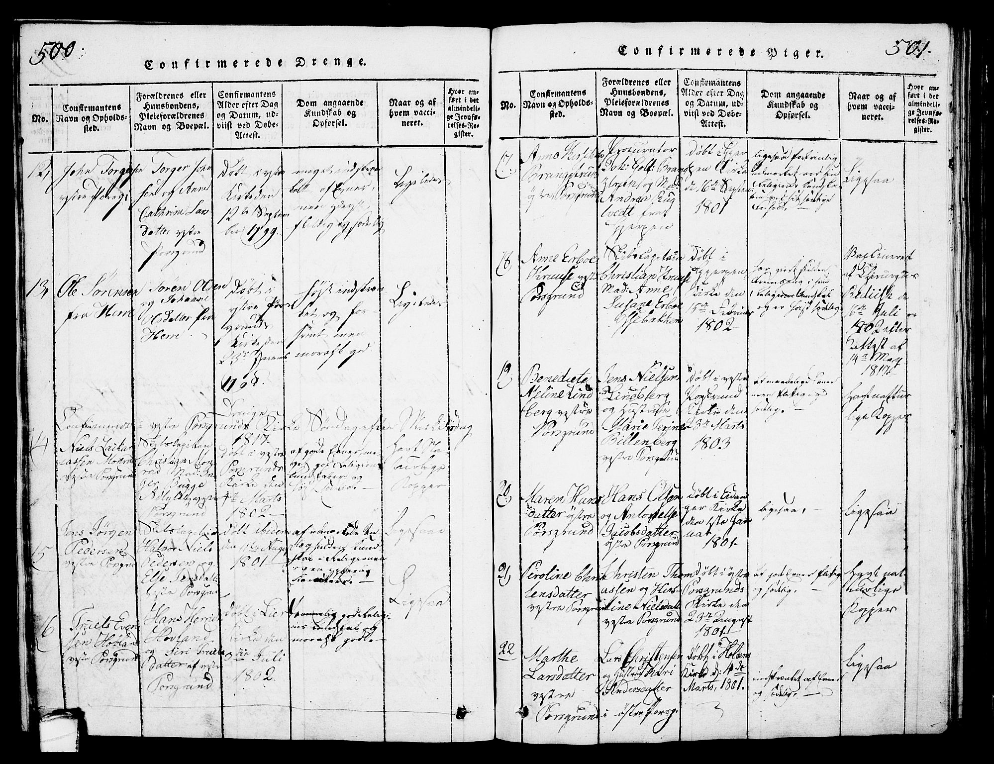 Porsgrunn kirkebøker , SAKO/A-104/G/Gb/L0001: Parish register (copy) no. II 1, 1817-1828, p. 500-501
