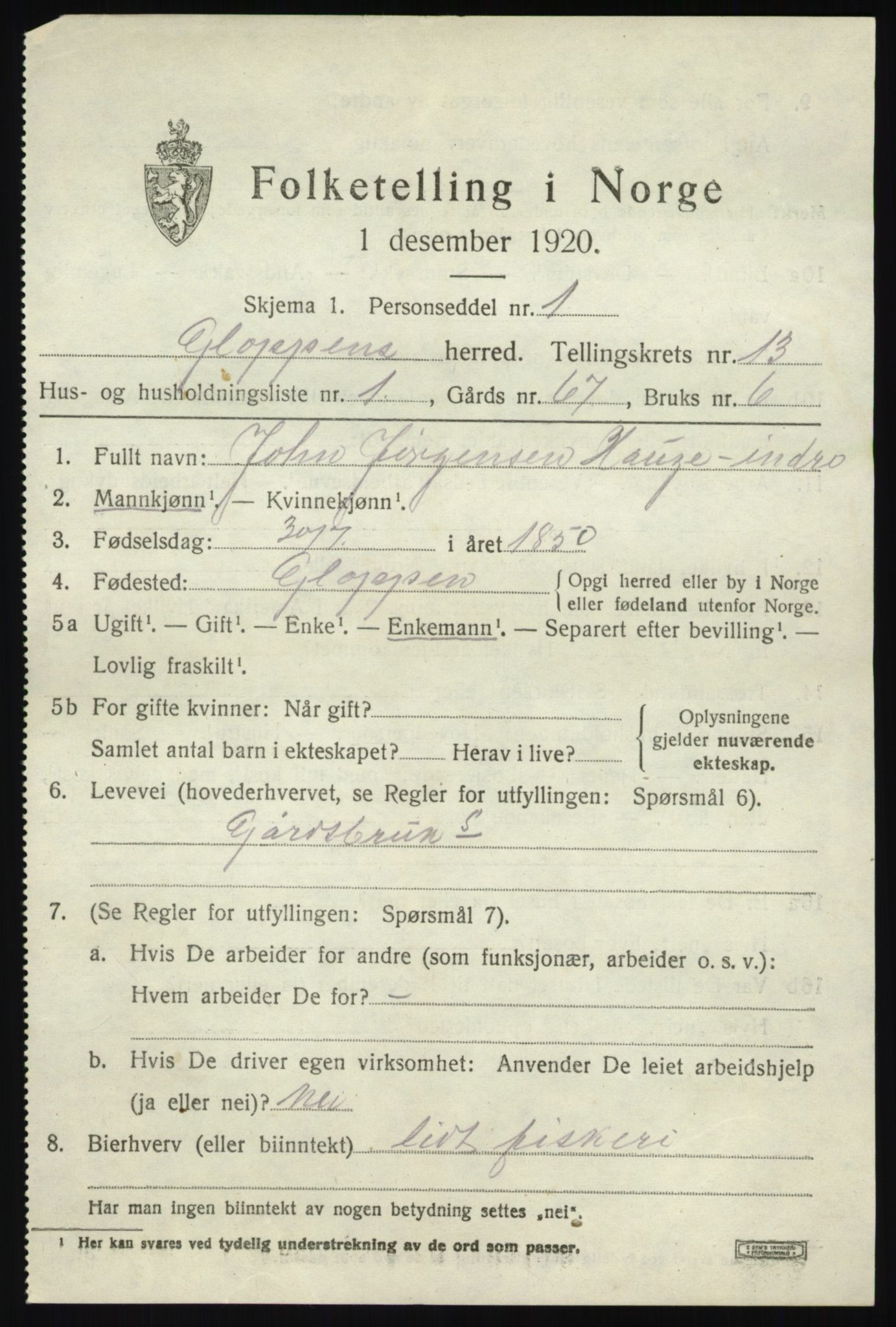 SAB, 1920 census for Gloppen, 1920, p. 6318