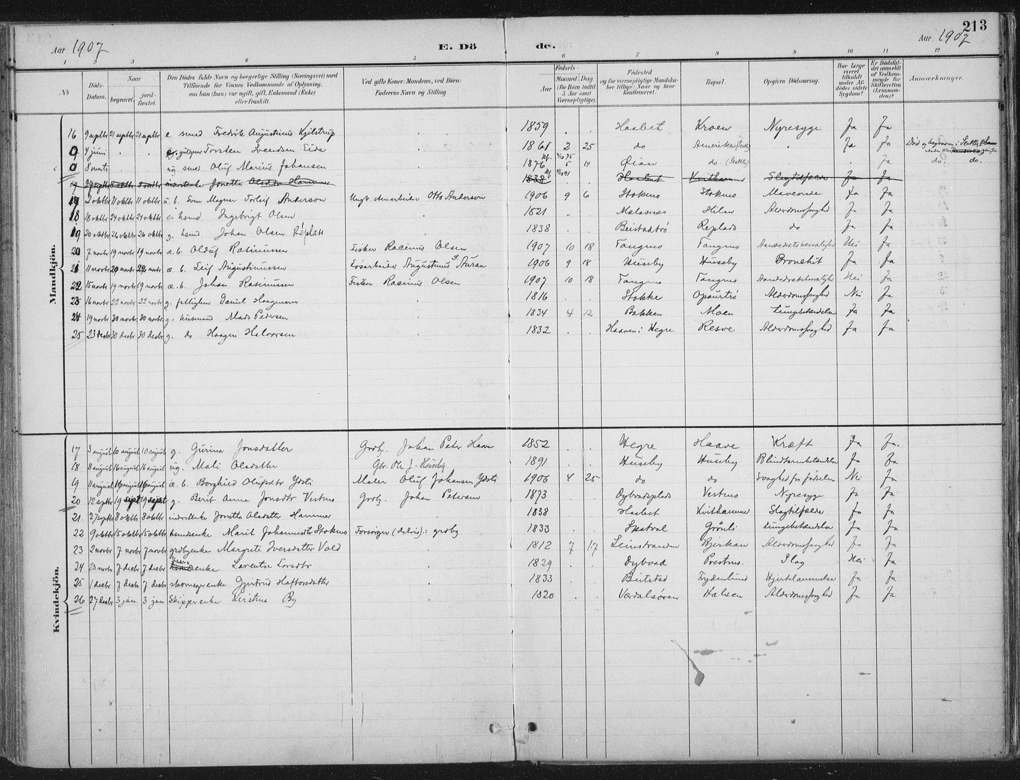 Ministerialprotokoller, klokkerbøker og fødselsregistre - Nord-Trøndelag, AV/SAT-A-1458/709/L0082: Parish register (official) no. 709A22, 1896-1916, p. 213