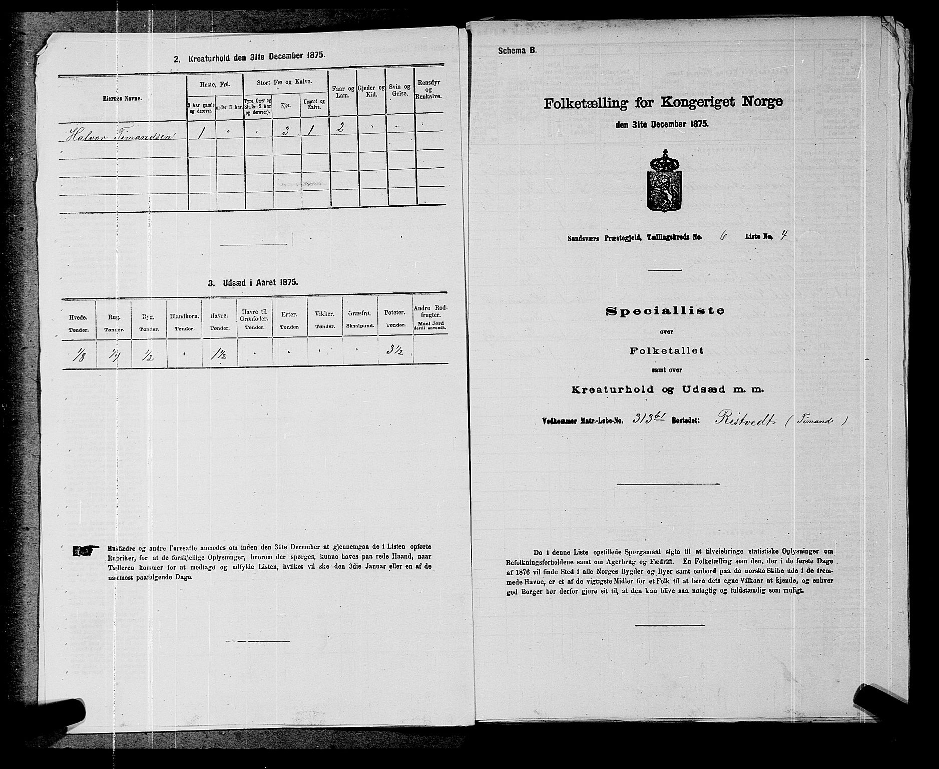 SAKO, 1875 census for 0629P Sandsvær, 1875, p. 1130