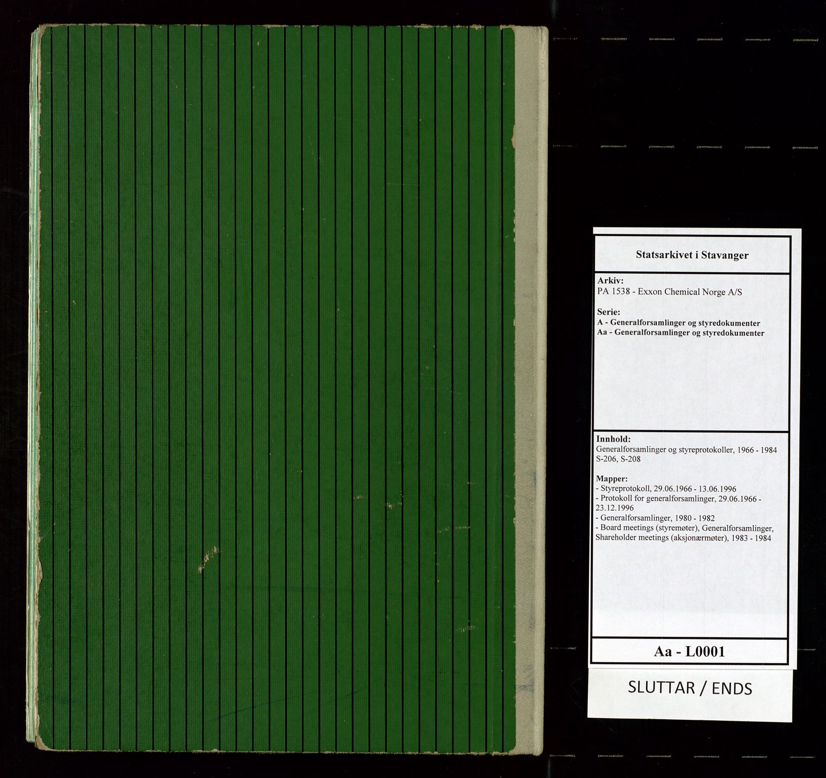 PA 1538 - Exxon Chemical Norge A/S, AV/SAST-A-101958/A/Aa/L0001/0002: Generalforsamlinger og styreprotokoller / Protokoll for generalforsamlinger, 1966-1996