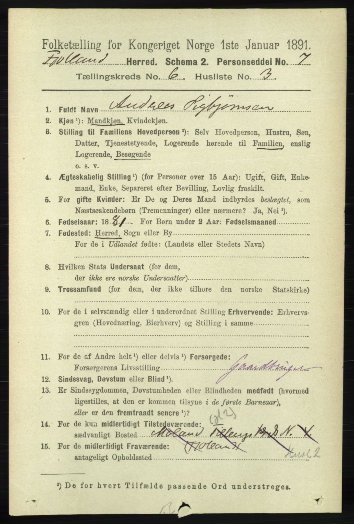 RA, 1891 census for 1036 Fjotland, 1891, p. 880