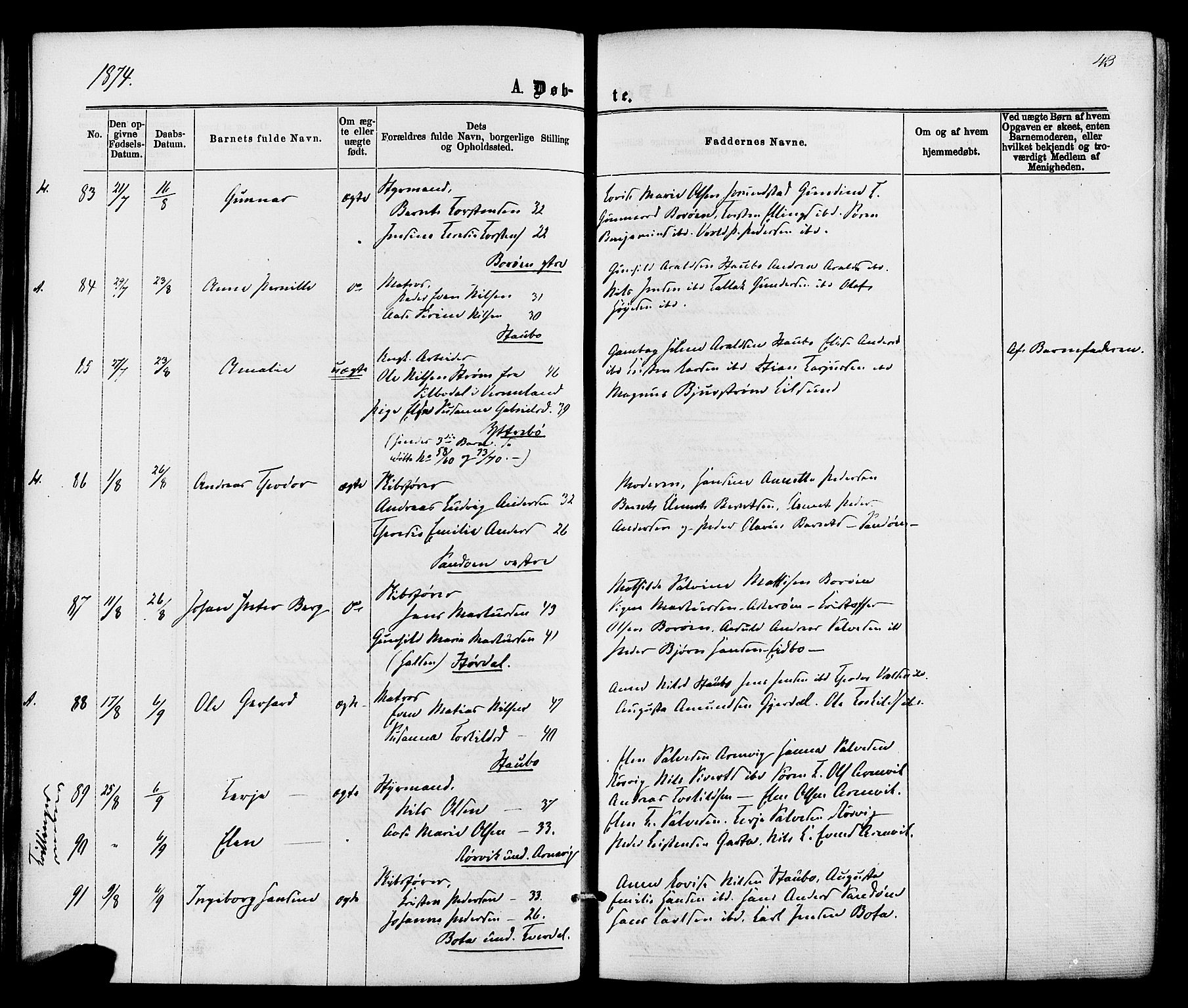Dypvåg sokneprestkontor, AV/SAK-1111-0007/F/Fa/Faa/L0007: Parish register (official) no. A 7/ 1, 1872-1884, p. 43