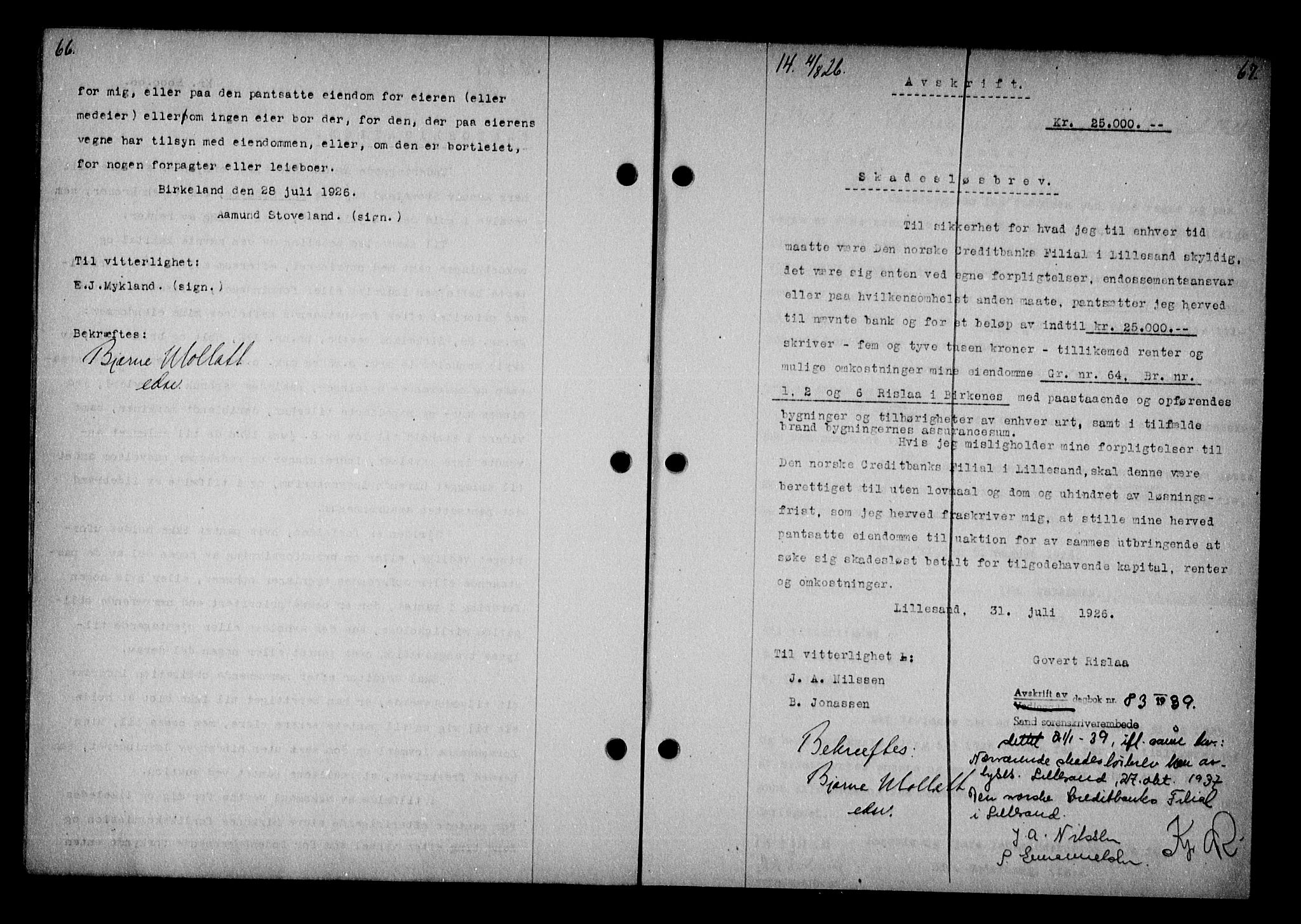 Vestre Nedenes/Sand sorenskriveri, AV/SAK-1221-0010/G/Gb/Gba/L0036: Mortgage book no. 62, 1926-1928, p. 66-67