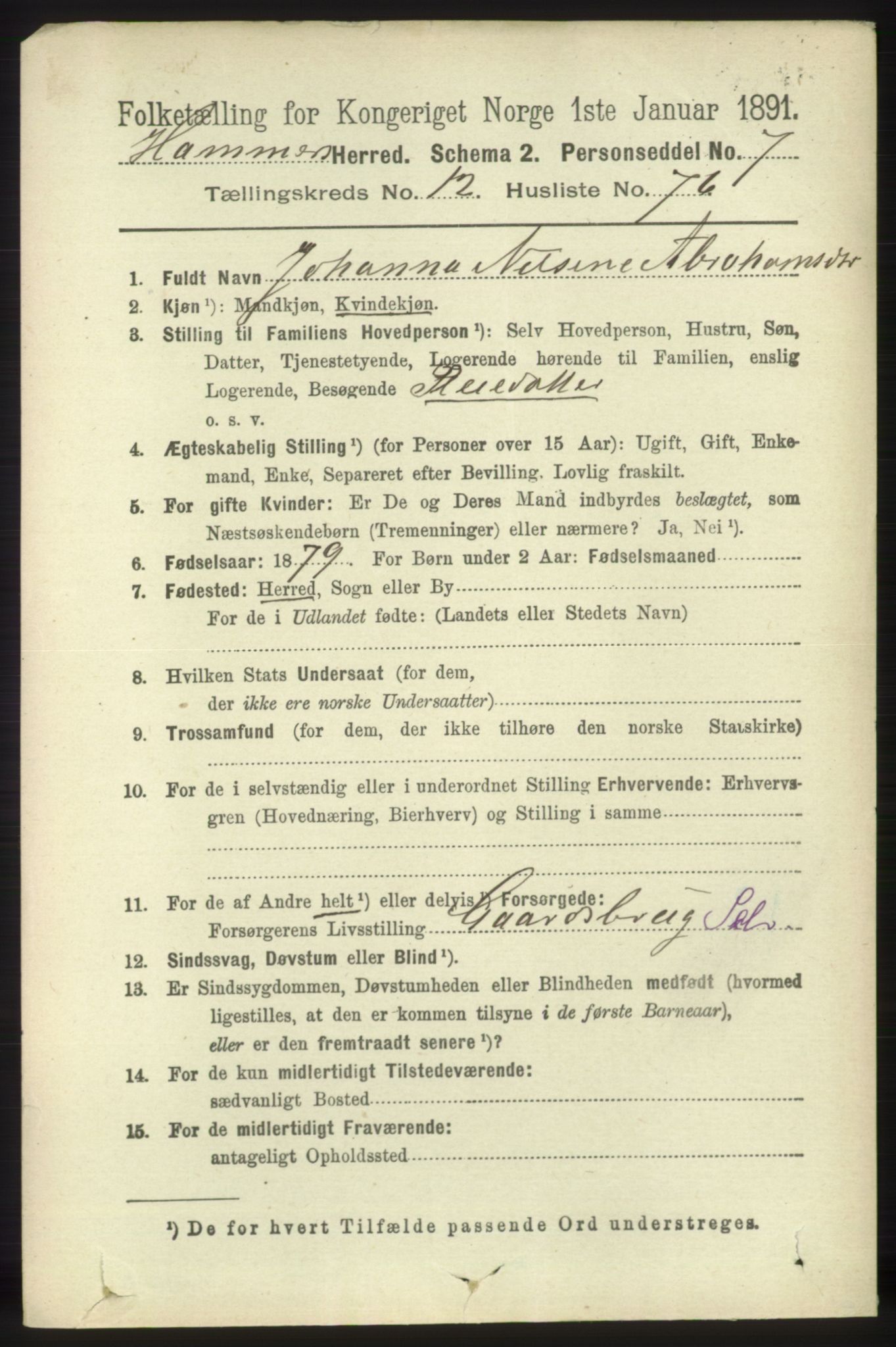 RA, 1891 census for 1254 Hamre, 1891, p. 3943