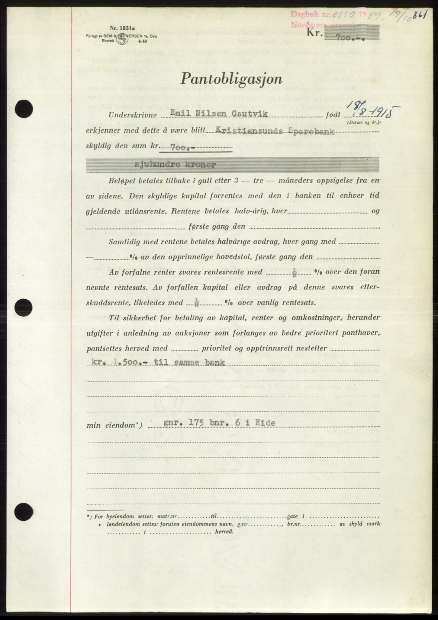 Nordmøre sorenskriveri, AV/SAT-A-4132/1/2/2Ca: Mortgage book no. B102, 1949-1949, Diary no: : 2882/1949