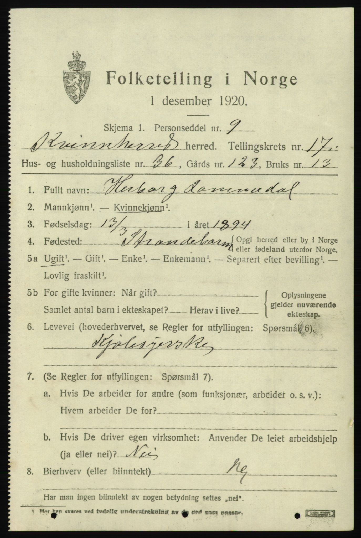 SAB, 1920 census for Kvinnherad, 1920, p. 10898