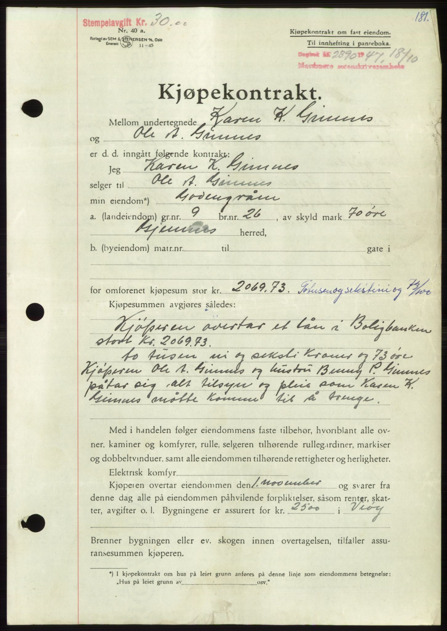 Nordmøre sorenskriveri, AV/SAT-A-4132/1/2/2Ca: Mortgage book no. B97, 1947-1948, Diary no: : 2390/1947