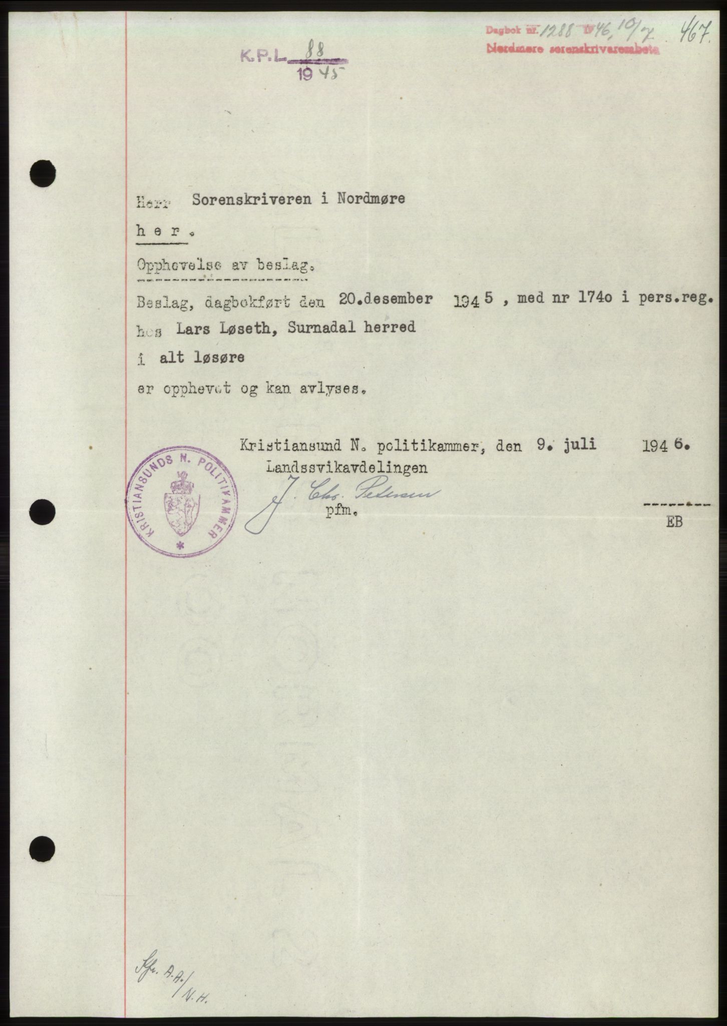 Nordmøre sorenskriveri, AV/SAT-A-4132/1/2/2Ca: Mortgage book no. B94, 1946-1946, Diary no: : 1288/1946