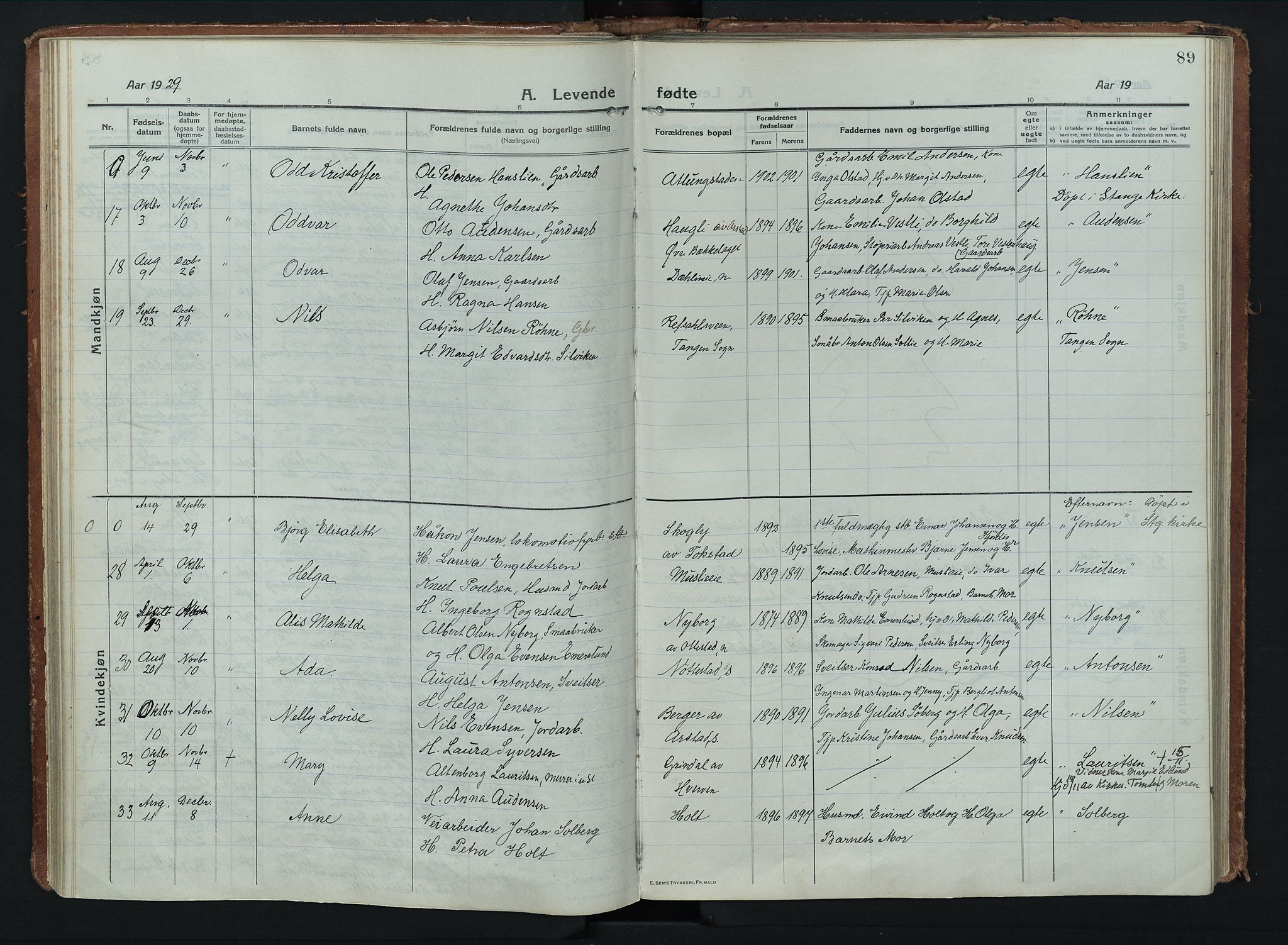 Stange prestekontor, AV/SAH-PREST-002/K/L0028: Parish register (official) no. 28, 1913-1932, p. 89