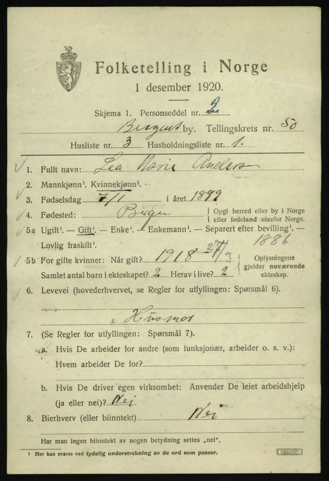 SAB, 1920 census for Bergen, 1920, p. 118898