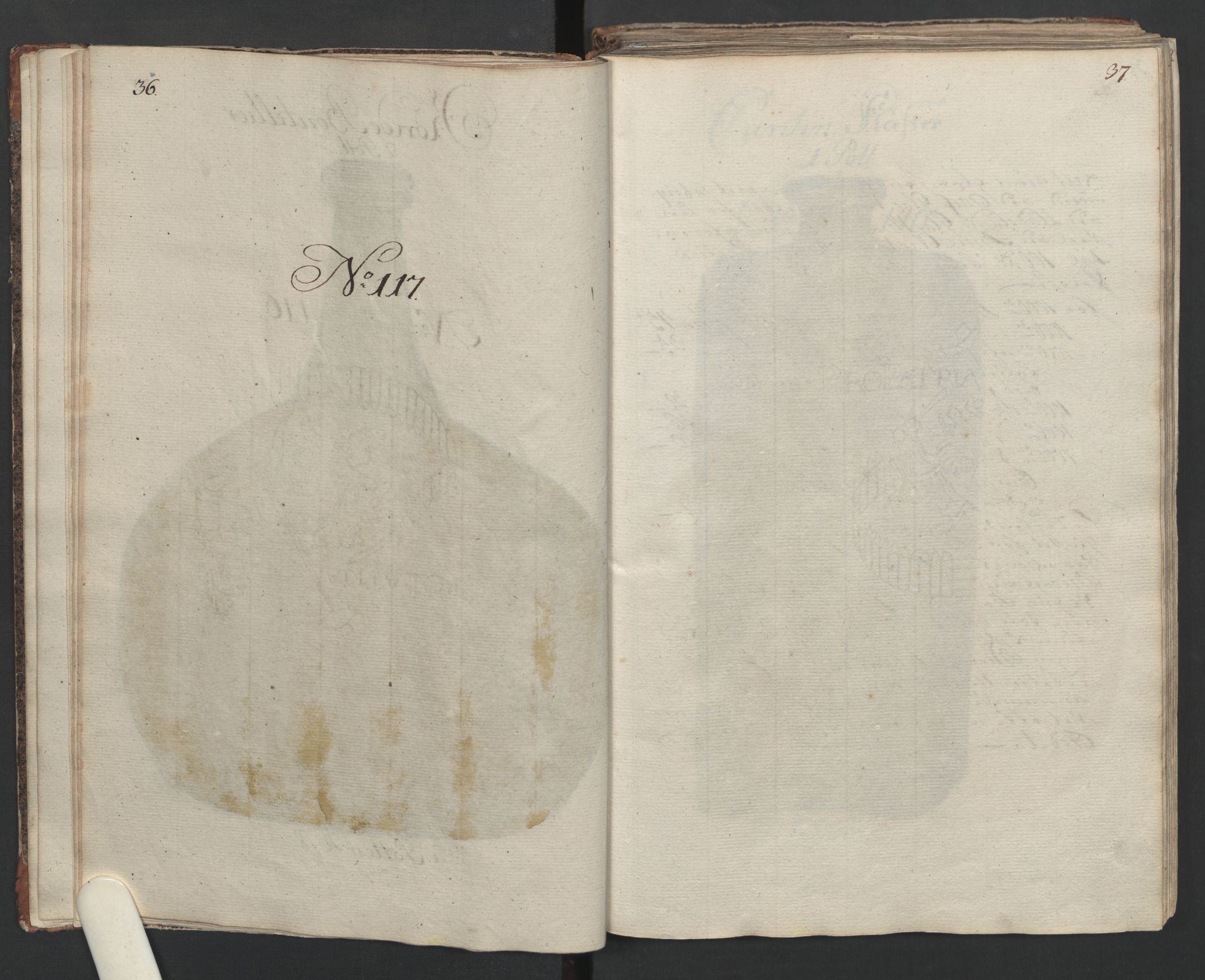 Glassverk, samlinger, AV/RA-PA-0001/F/Fa/L0036: Modellbok for Nøstetangens og Aas' produkter med prisangivelse,, 1763, p. 36-37