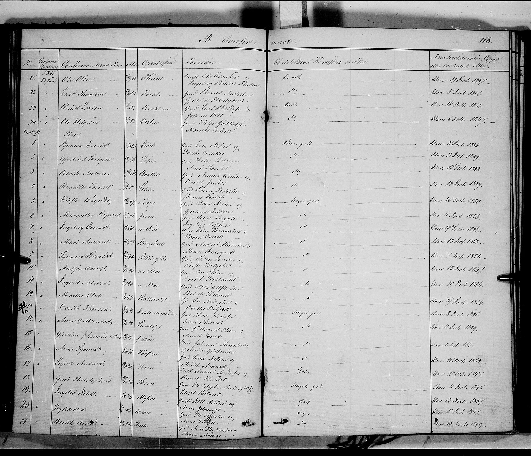 Vang prestekontor, Valdres, SAH/PREST-140/H/Ha/L0006: Parish register (official) no. 6, 1846-1864, p. 118