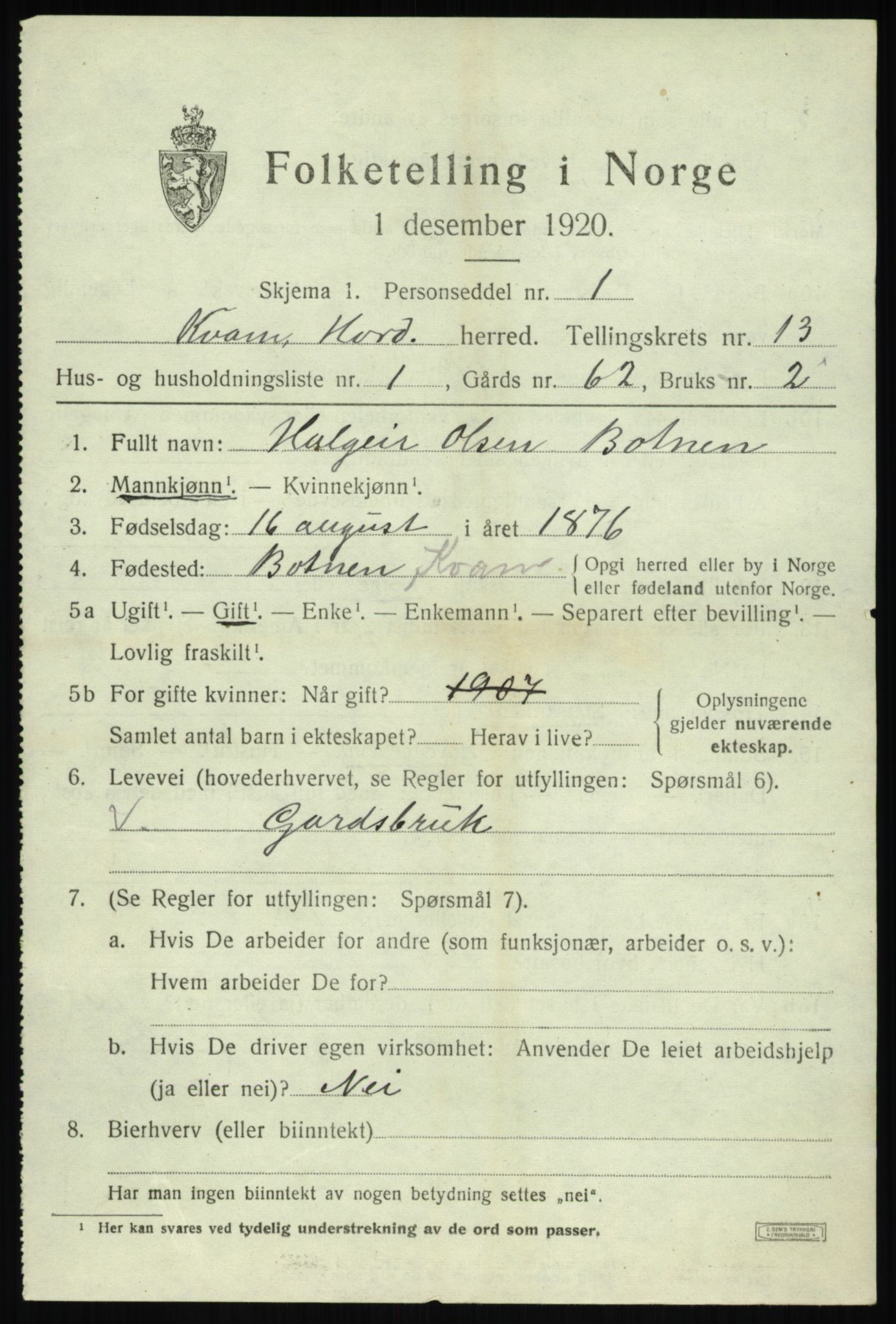 SAB, 1920 census for Kvam, 1920, p. 7971