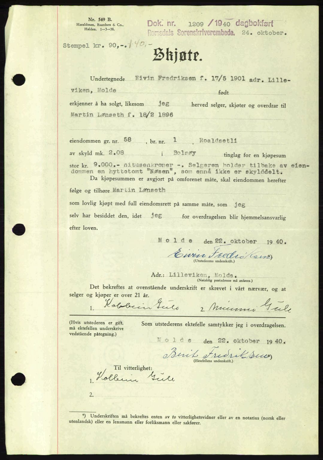 Romsdal sorenskriveri, AV/SAT-A-4149/1/2/2C: Mortgage book no. A8, 1939-1940, Diary no: : 1209/1940