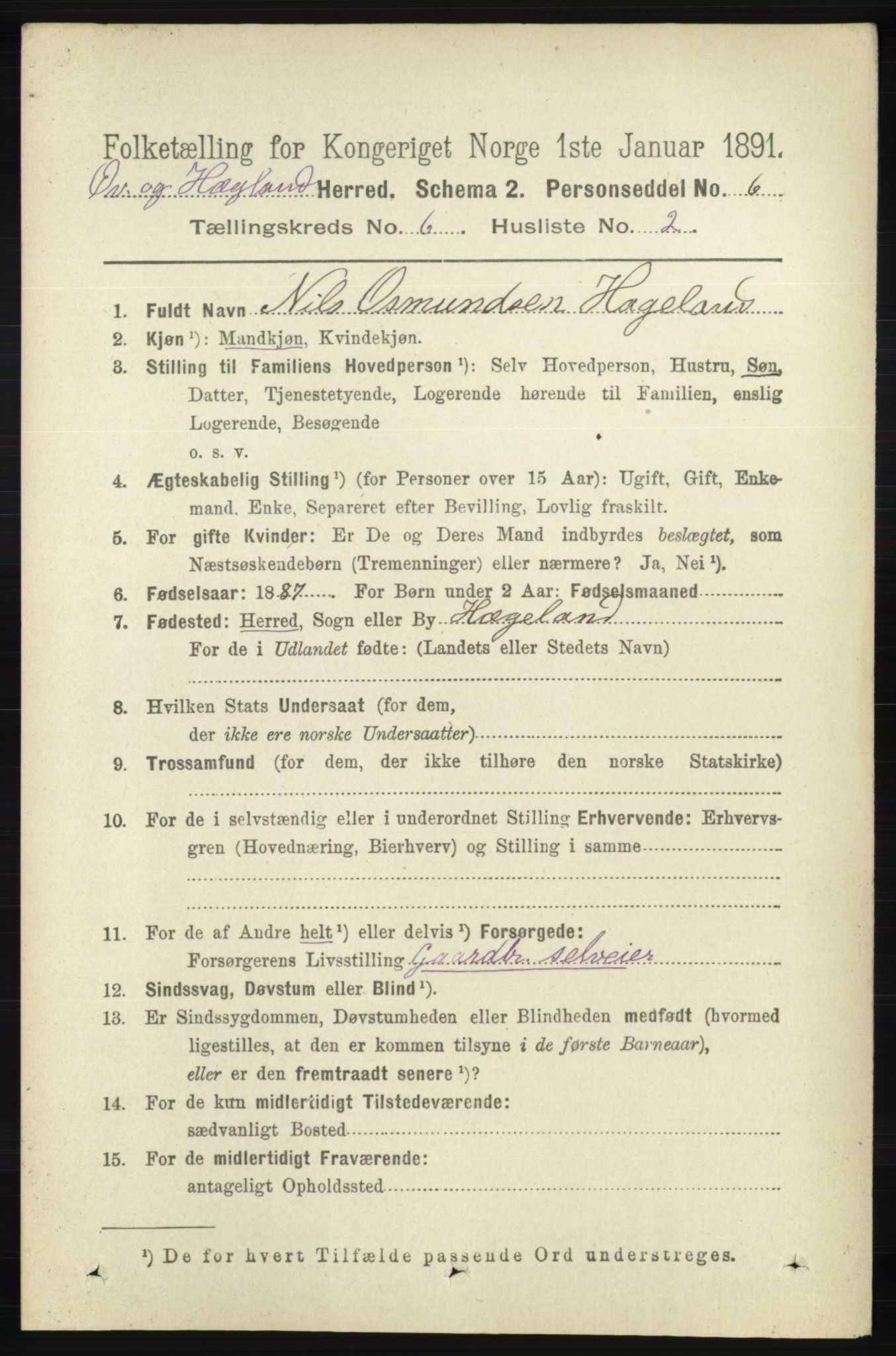 RA, 1891 census for 1016 Øvrebø og Hægeland, 1891, p. 1177