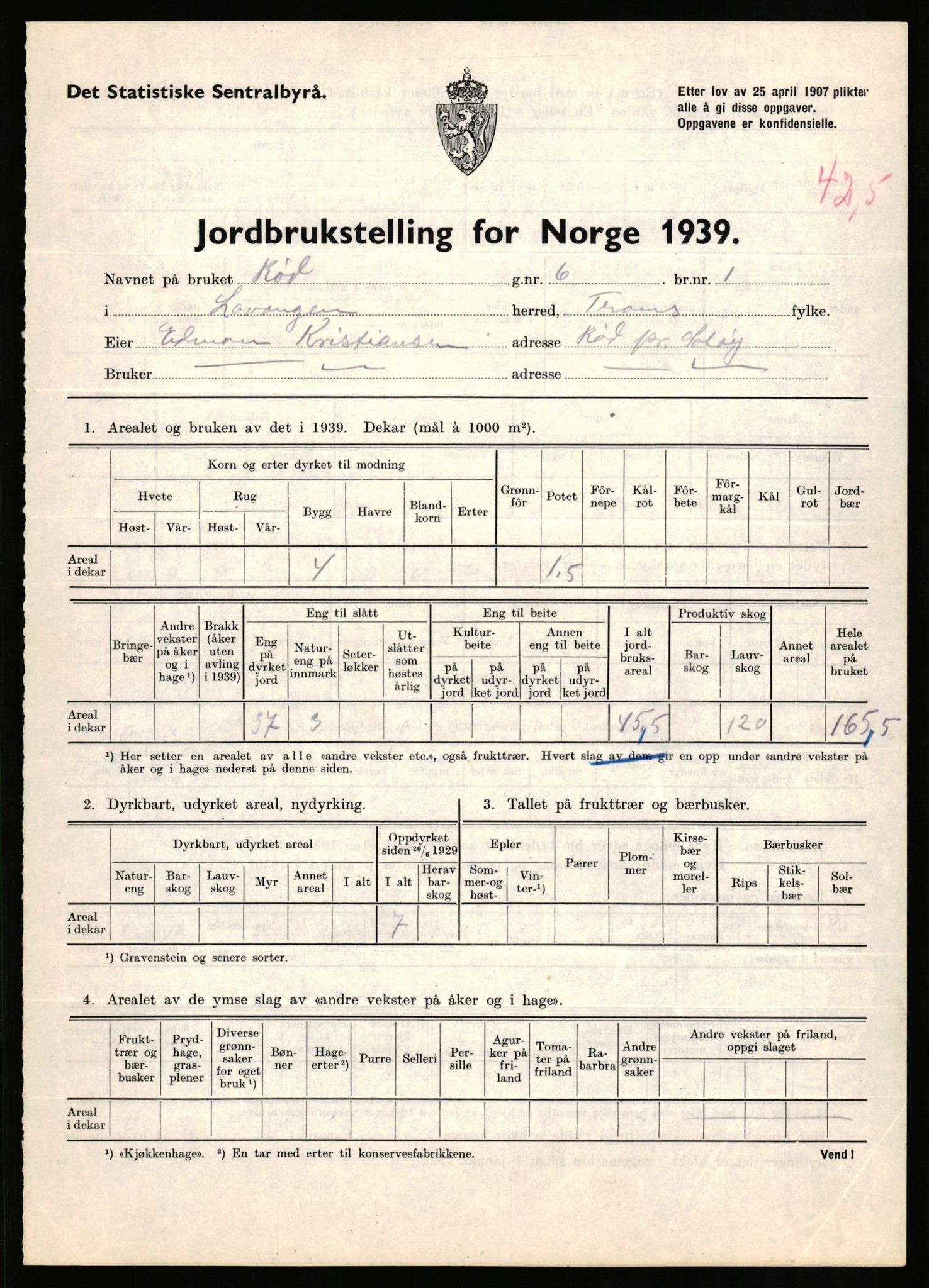 Statistisk sentralbyrå, Næringsøkonomiske emner, Jordbruk, skogbruk, jakt, fiske og fangst, AV/RA-S-2234/G/Gb/L0339: Troms: Andørja, Astafjord og Lavangen, 1939, p. 1281