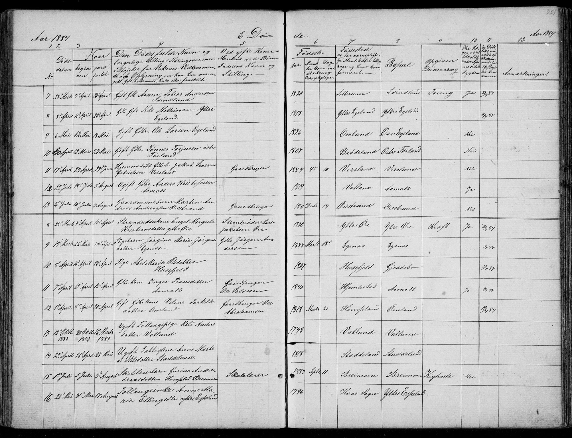 Kvinesdal sokneprestkontor, AV/SAK-1111-0026/F/Fb/Fbb/L0002: Parish register (copy) no. B 2, 1873-1897, p. 221