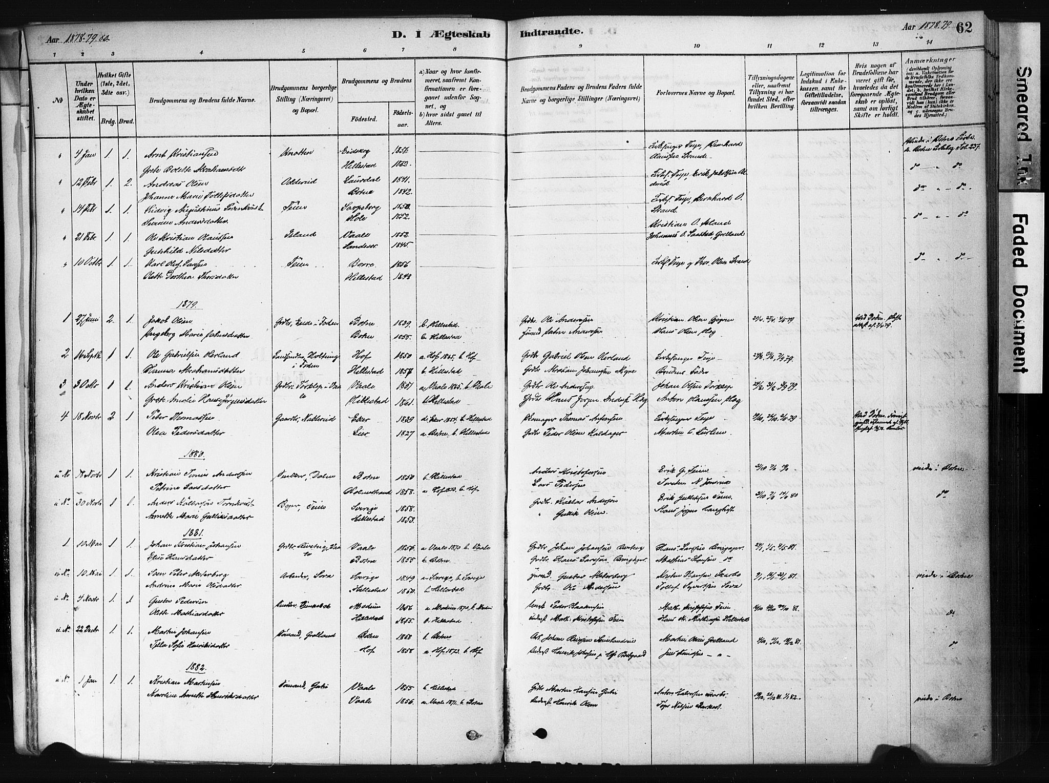 Botne kirkebøker, SAKO/A-340/F/Fb/L0001: Parish register (official) no. II 1, 1878-1902, p. 62