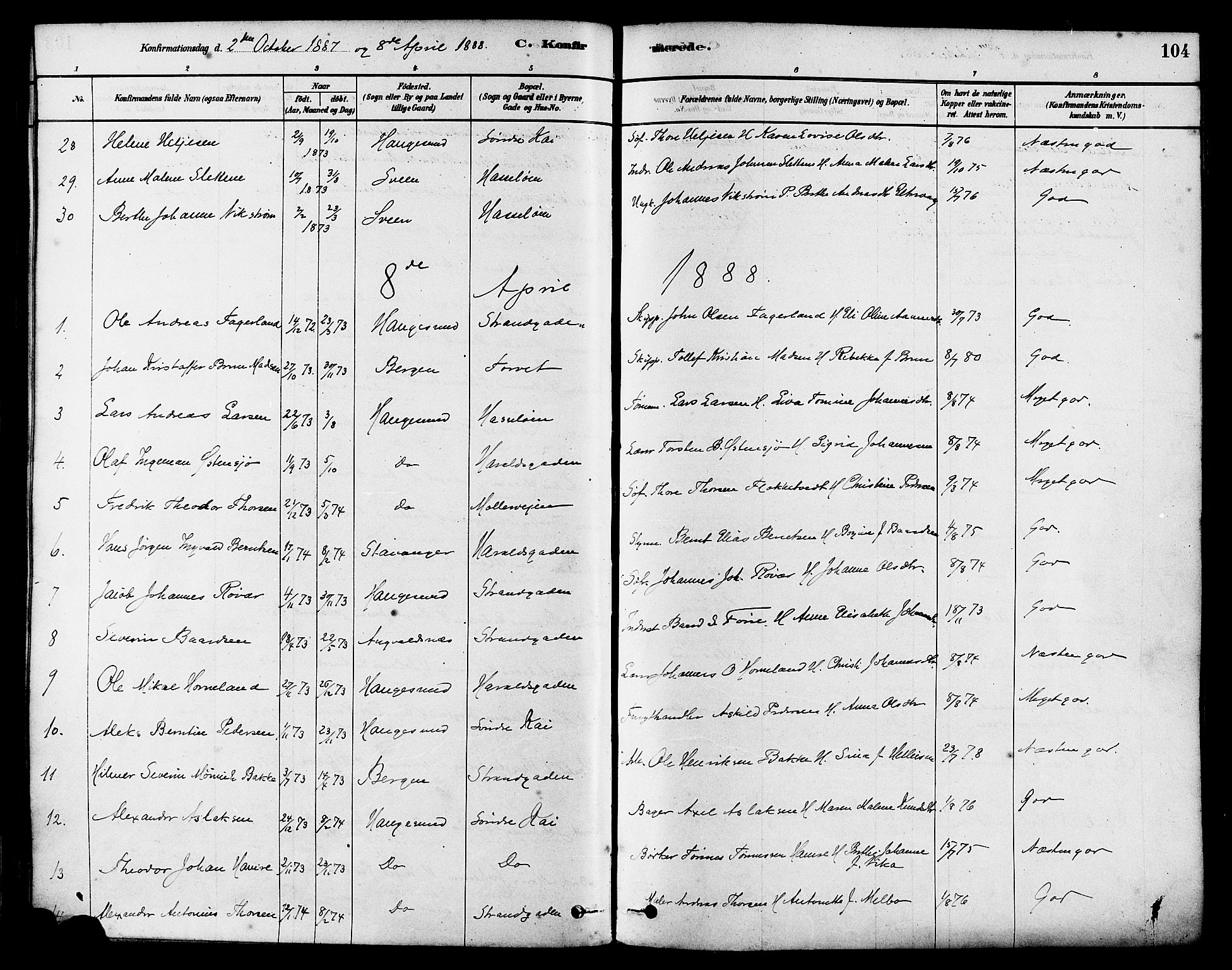 Haugesund sokneprestkontor, AV/SAST-A -101863/H/Ha/Haa/L0003: Parish register (official) no. A 3, 1885-1890, p. 104