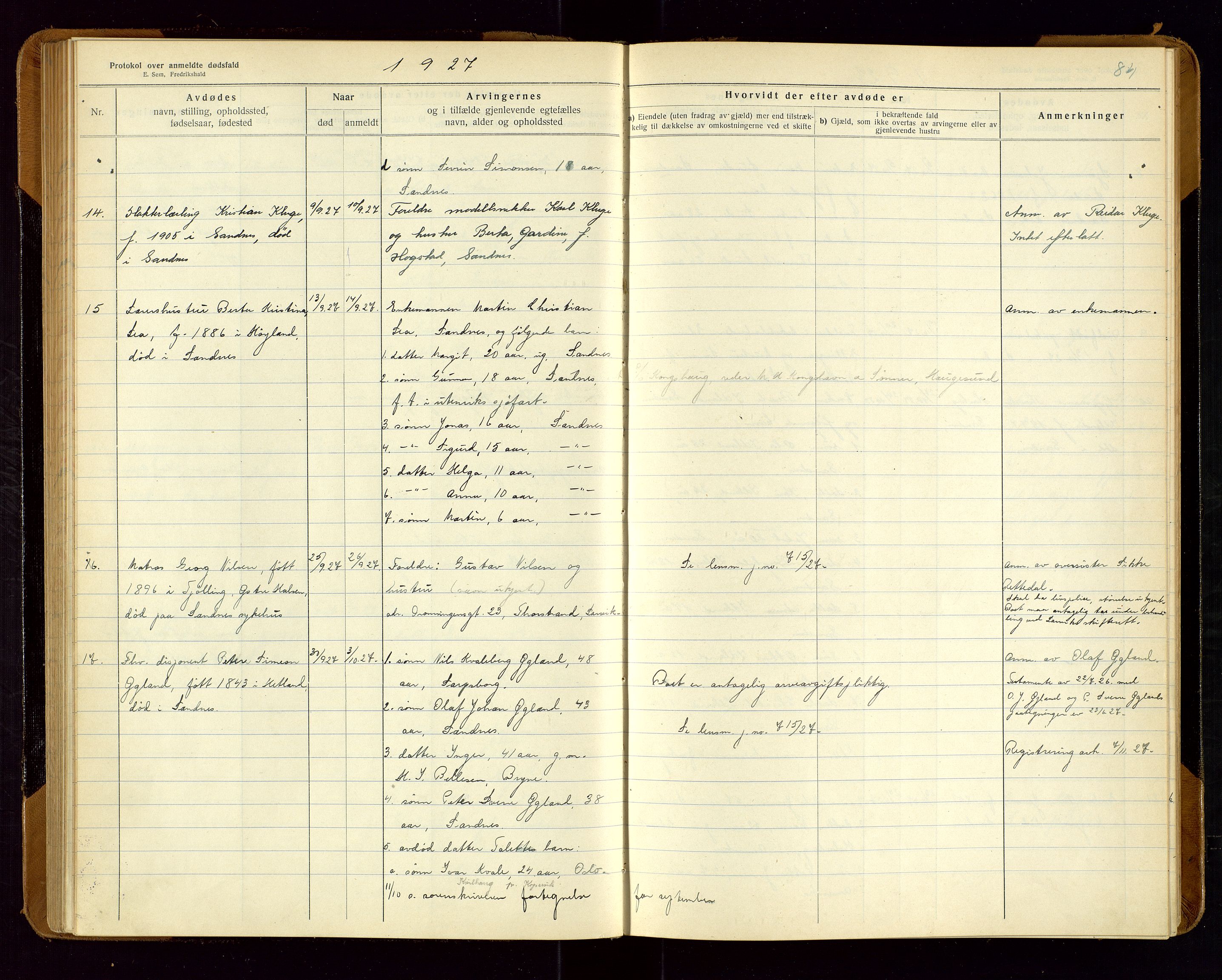 Sandnes lensmannskontor, SAST/A-100167/Gga/L0001: "Protokol over anmeldte dødsfald" m/register, 1918-1940, p. 84