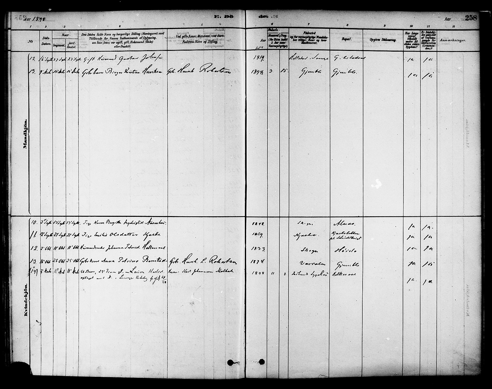 Ministerialprotokoller, klokkerbøker og fødselsregistre - Nord-Trøndelag, AV/SAT-A-1458/717/L0159: Parish register (official) no. 717A09, 1878-1898, p. 258