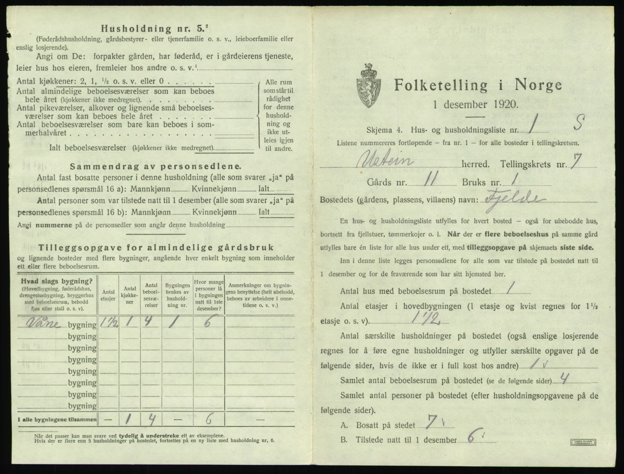 SAT, 1920 census for Ulstein, 1920, p. 490