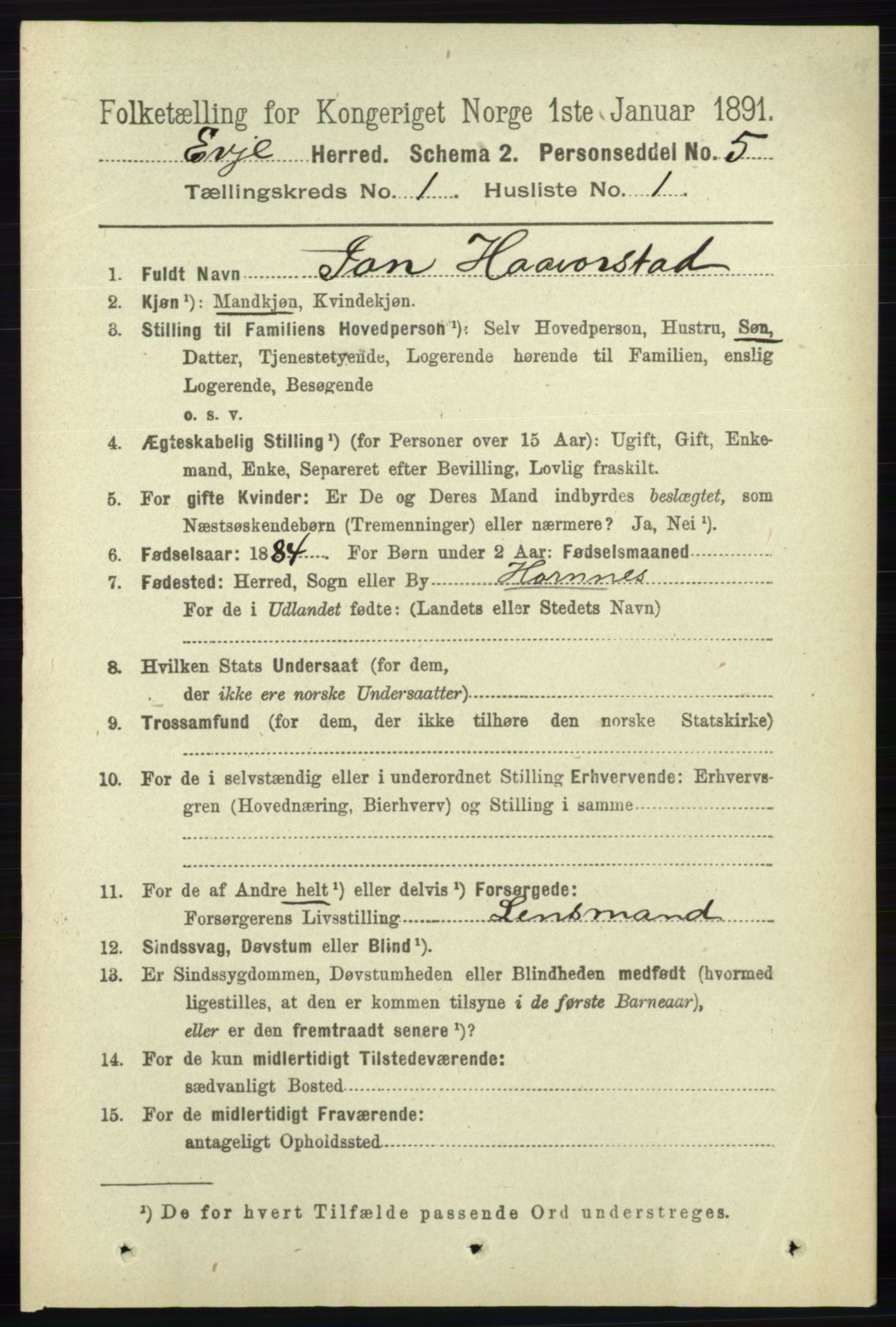 RA, 1891 census for 0937 Evje, 1891, p. 61