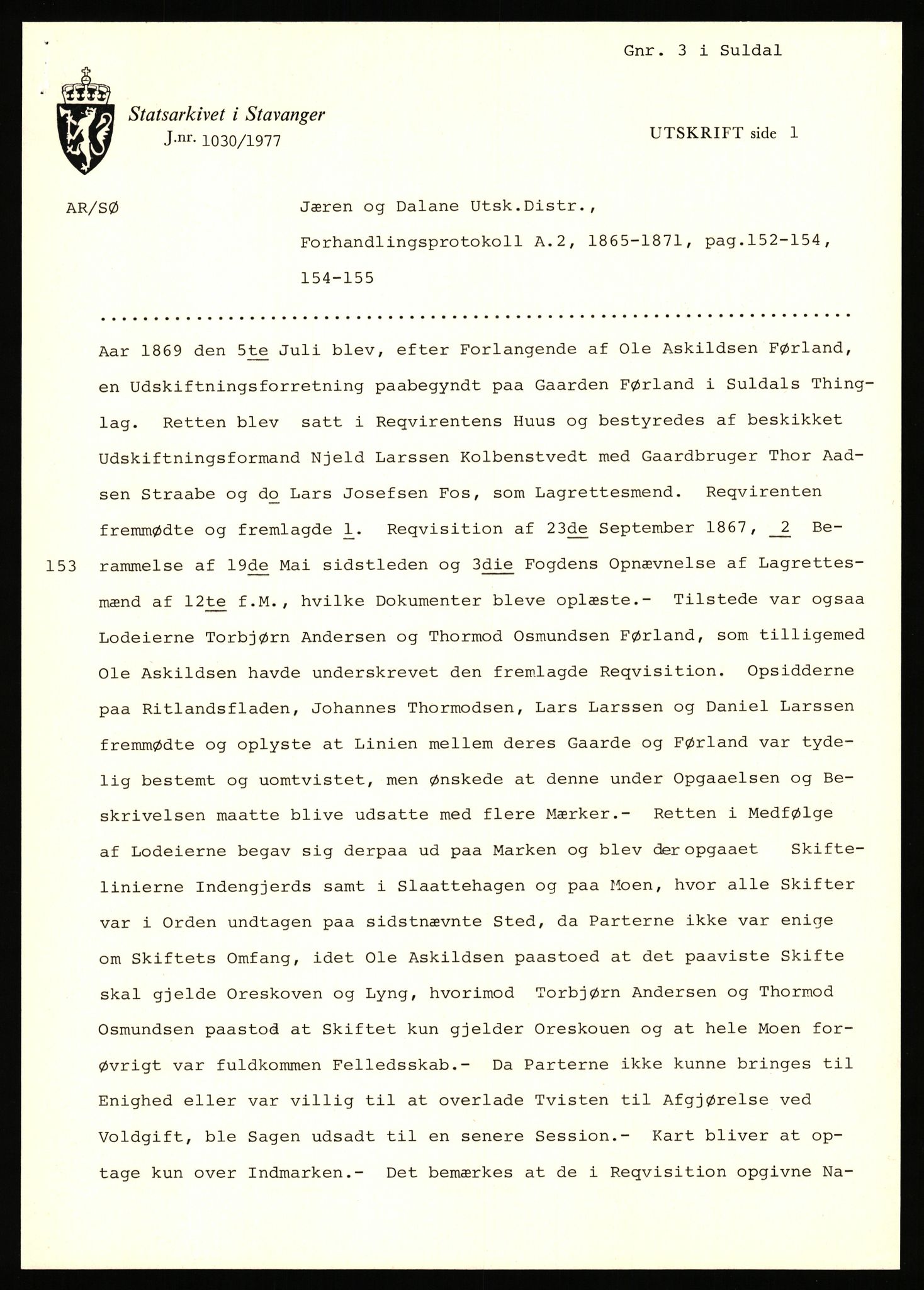 Statsarkivet i Stavanger, AV/SAST-A-101971/03/Y/Yj/L0024: Avskrifter sortert etter gårdsnavn: Fæøen - Garborg, 1750-1930, p. 265