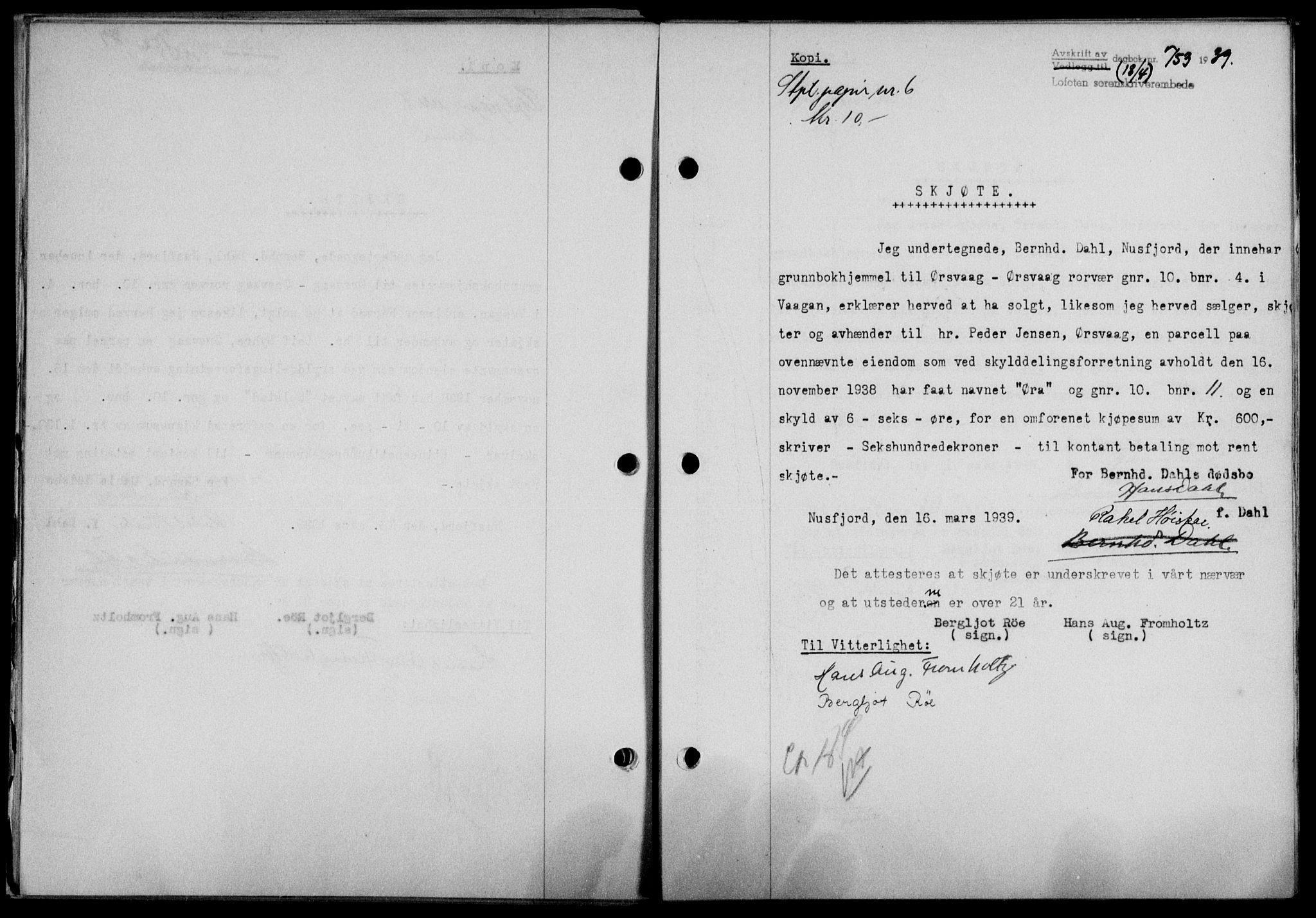 Lofoten sorenskriveri, SAT/A-0017/1/2/2C/L0005a: Mortgage book no. 5a, 1939-1939, Diary no: : 753/1939