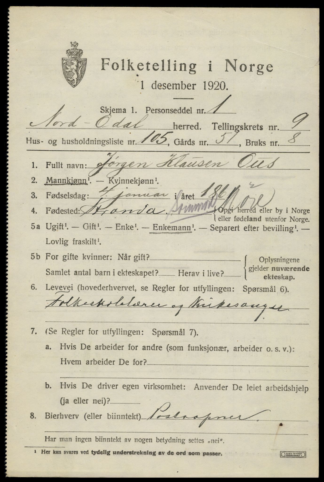 SAH, 1920 census for Nord-Odal, 1920, p. 10865