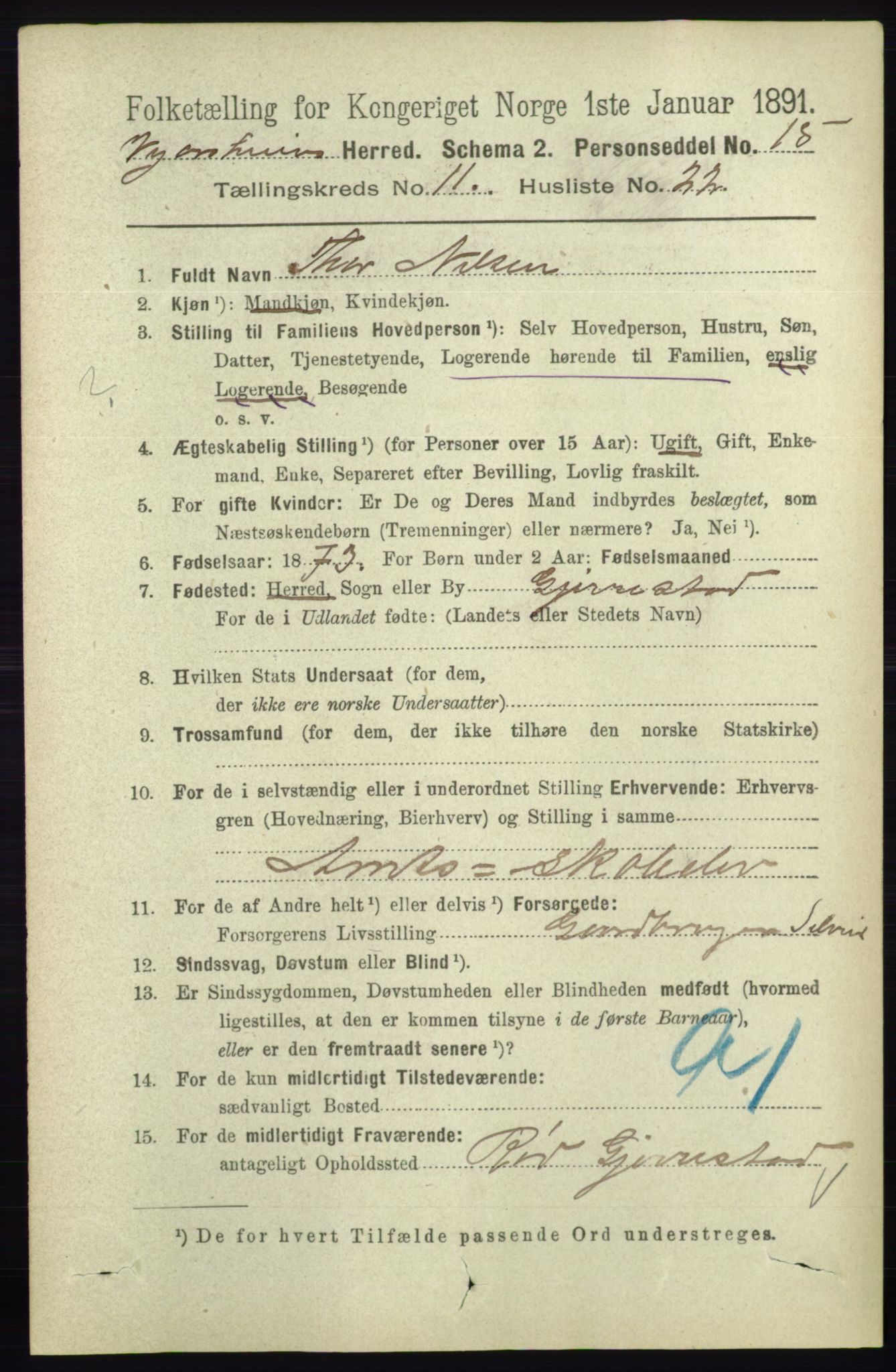 RA, 1891 census for 0912 Vegårshei, 1891, p. 2369