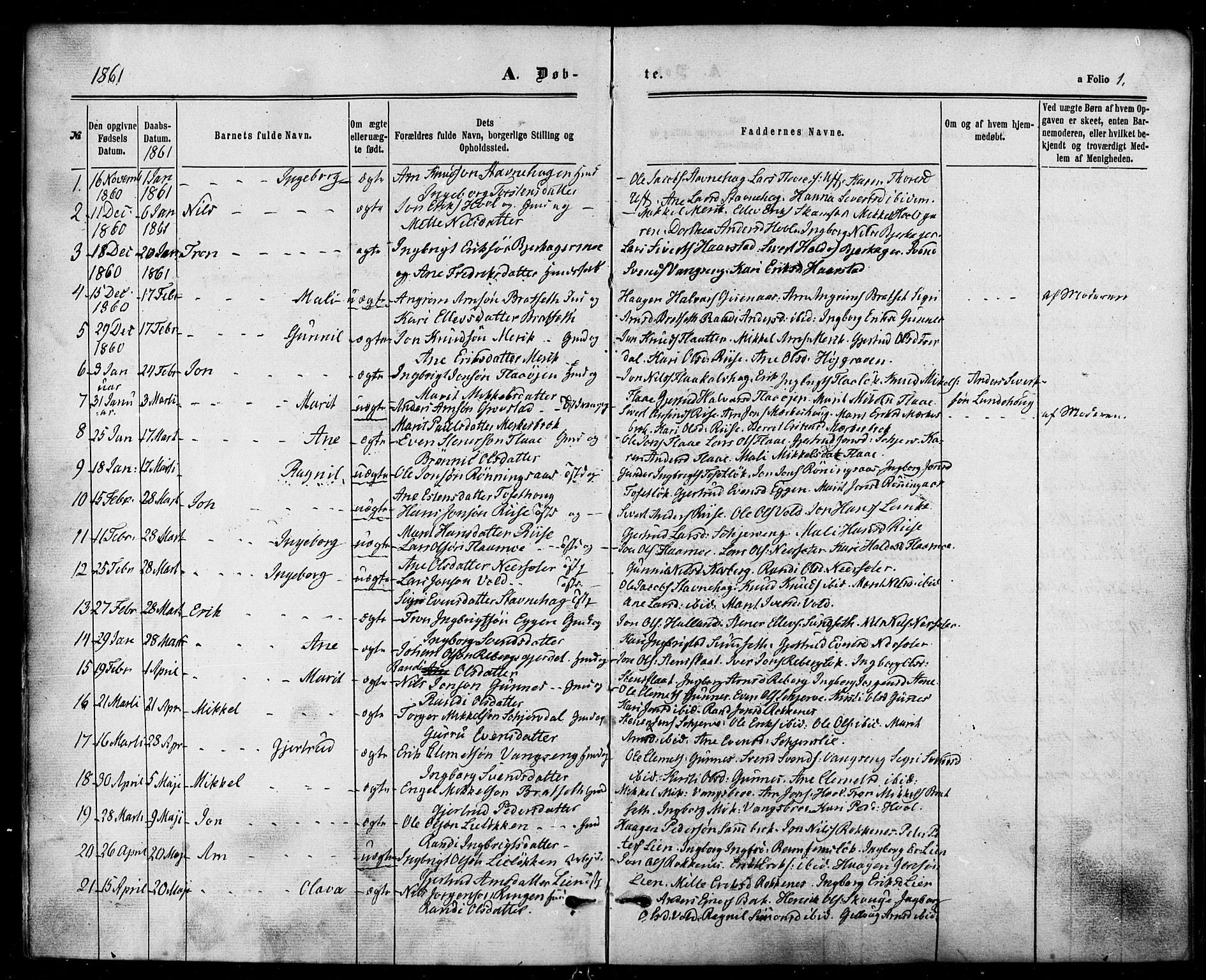 Ministerialprotokoller, klokkerbøker og fødselsregistre - Sør-Trøndelag, SAT/A-1456/674/L0870: Parish register (official) no. 674A02, 1861-1879, p. 1