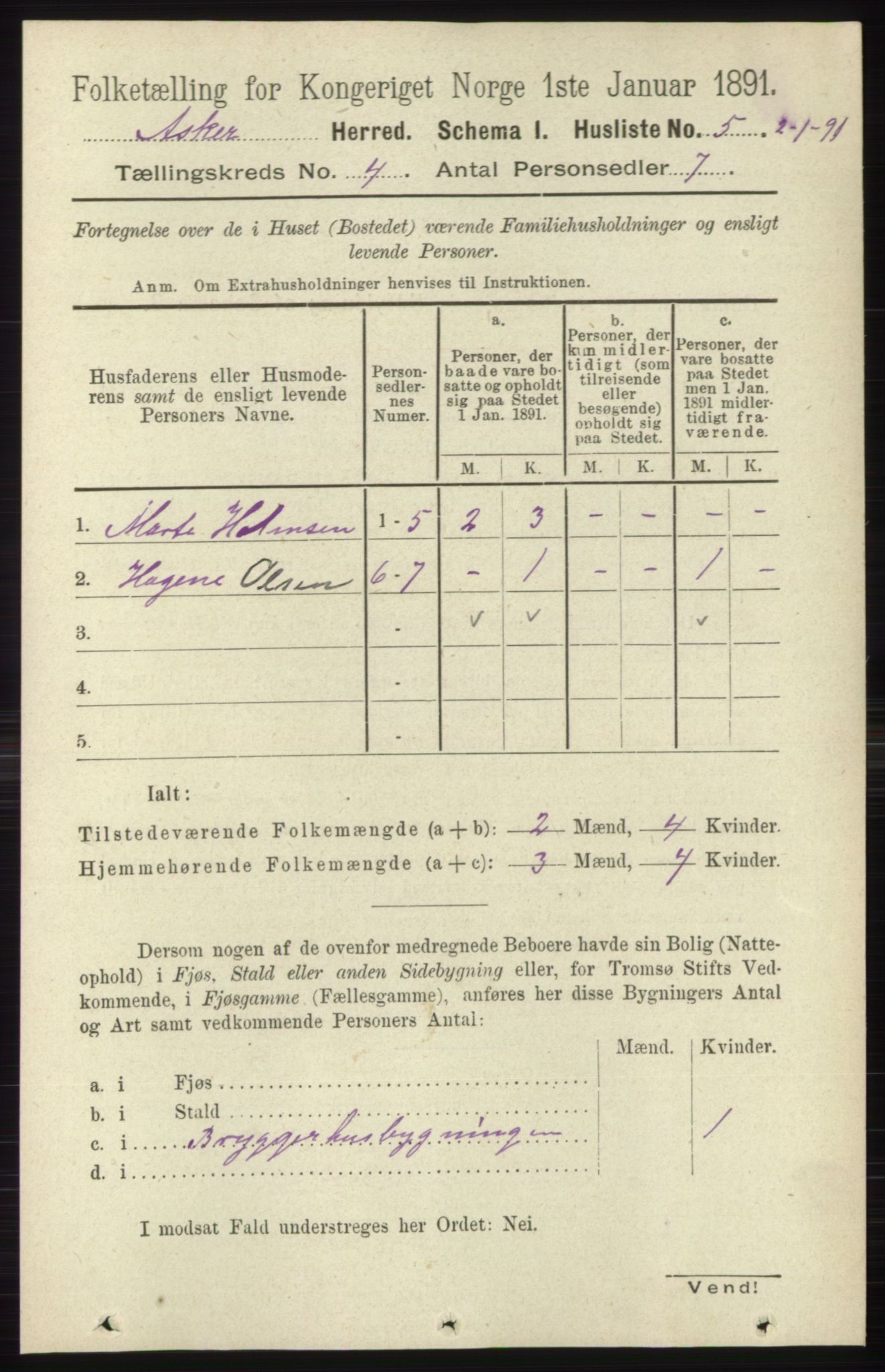 RA, 1891 census for 0220 Asker, 1891, p. 2835